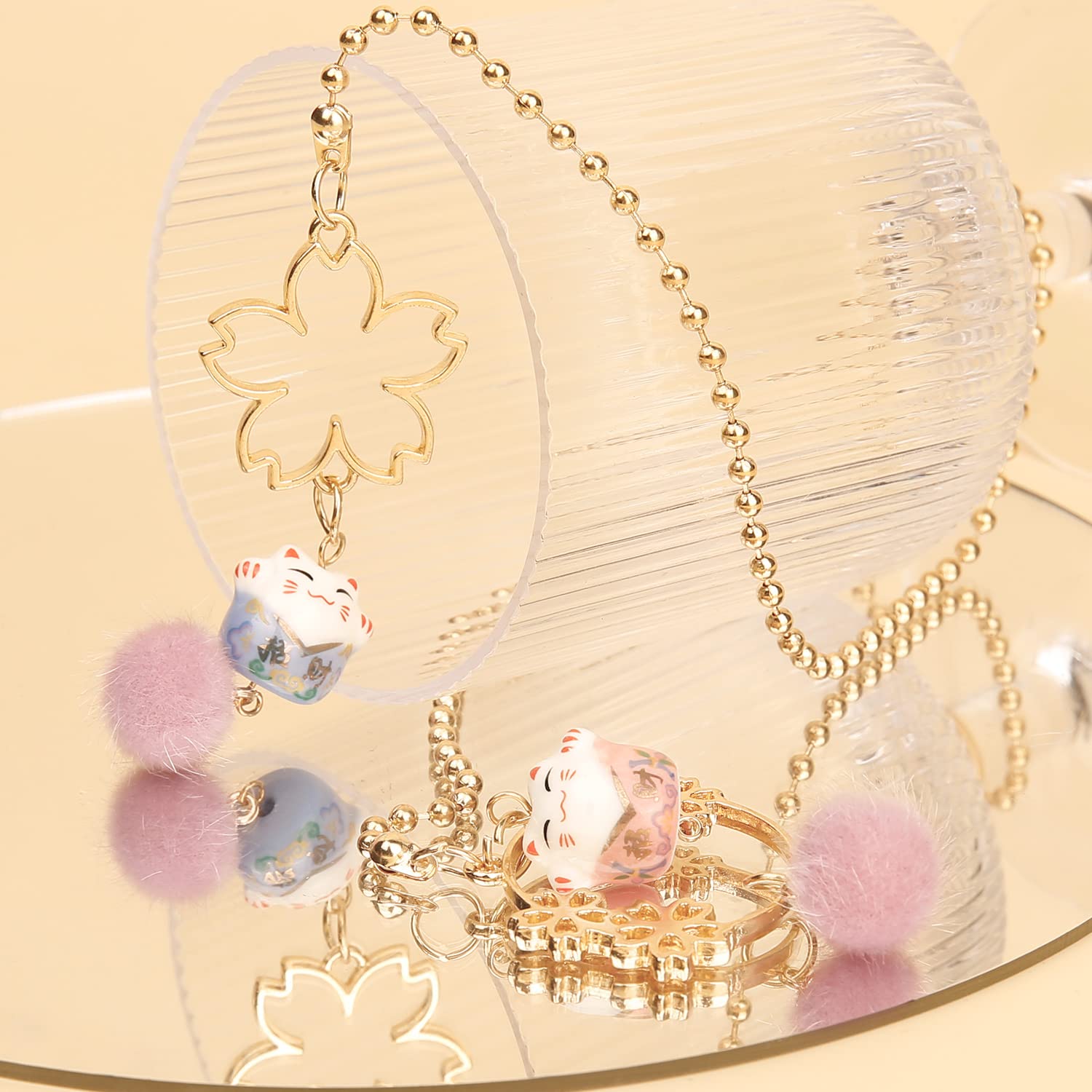 Ygmoner Pair Of Lucky Cat Car Interior Mirror Hanging Accessories Car Decor Mini Porcelain Maneki Neko Dangle Charm (Sakura Luck