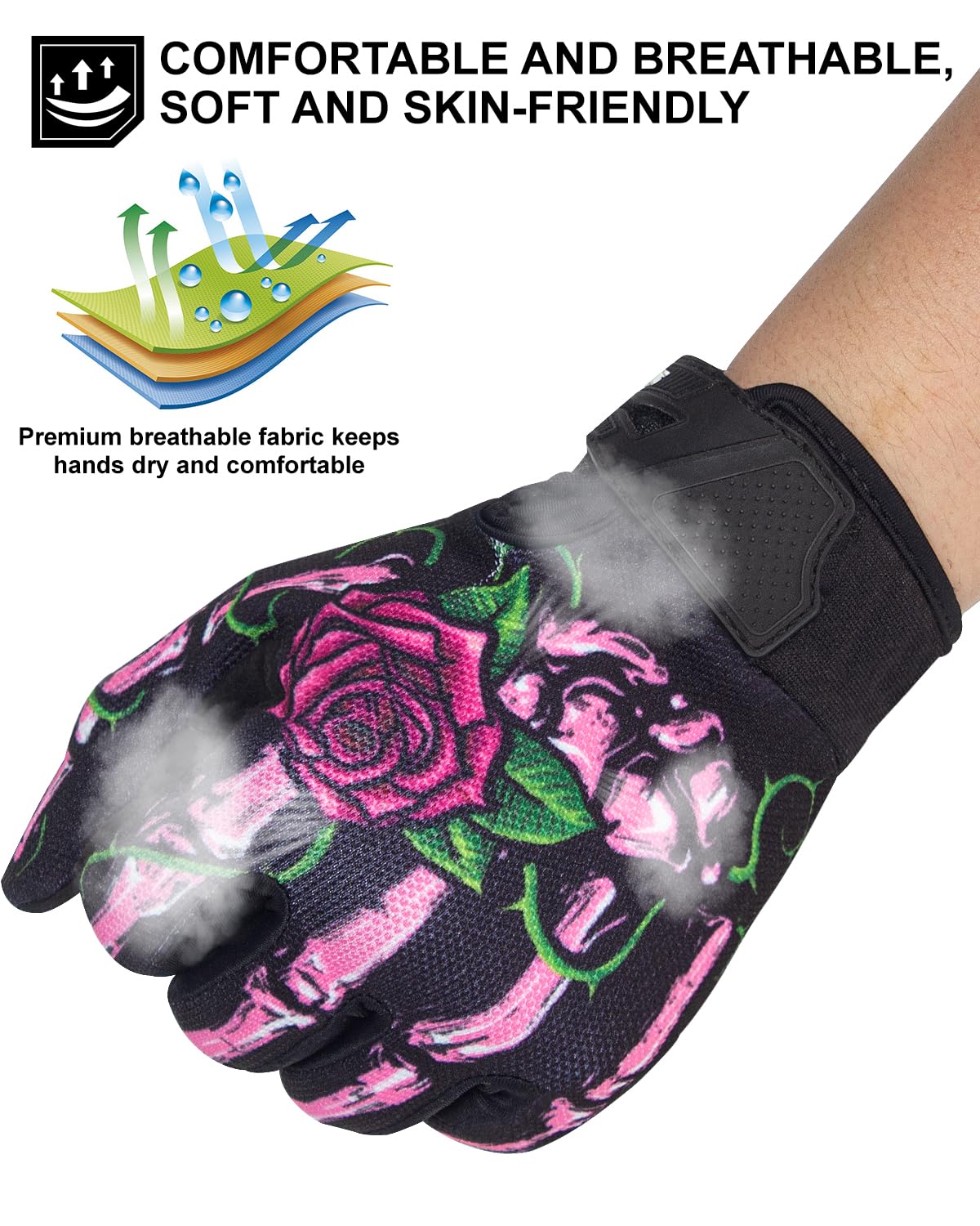Rigwarl Motorcycle Gloves For Women - Touchscreen, Breathable Pink Skeleton Design, Non-Slip Full Finger Riding Gloves For Mount