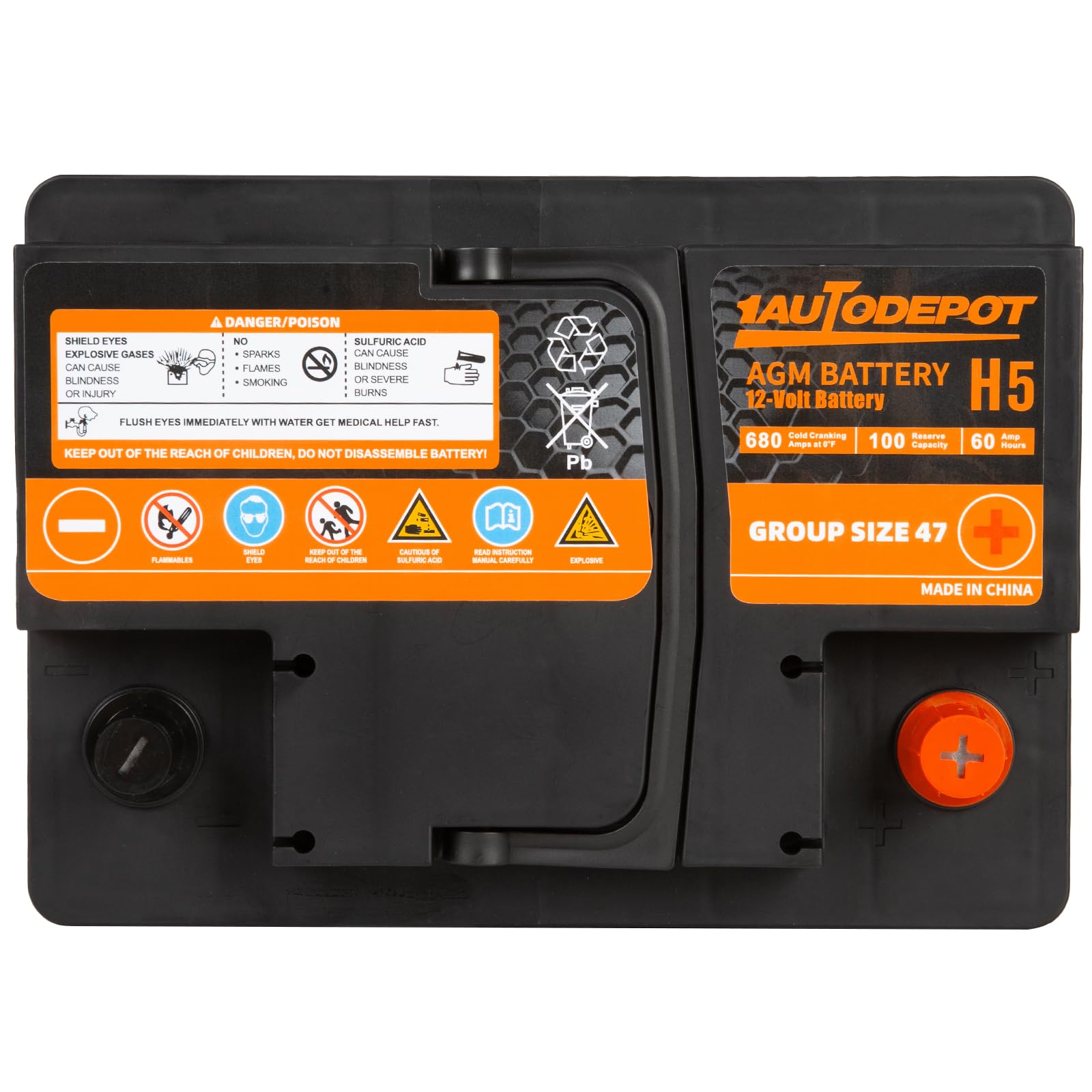 1Autodepot Bci Group 47 Car Battery, 12V 60Ah Size H5 Automotive Battery Premium Maintenance Free Agm Batteries, 680Cca, 100Rc