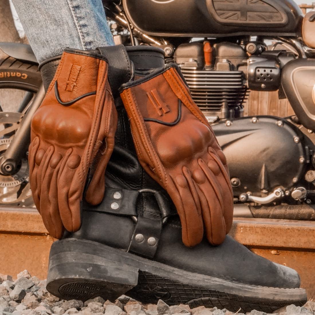 Harssidanzar Leather Motorcycle Gloves for Women, Touchscreen, Size L, Saddle, Model GL016