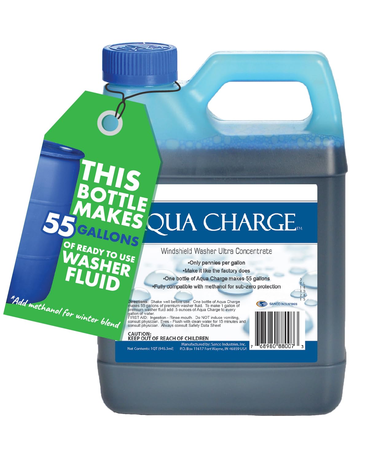 Sanco Industries Aqua Charge - Ultra Concentrated Windshield Washer Fluid - Makes 55 Gallons - 32 Ounce Bottle