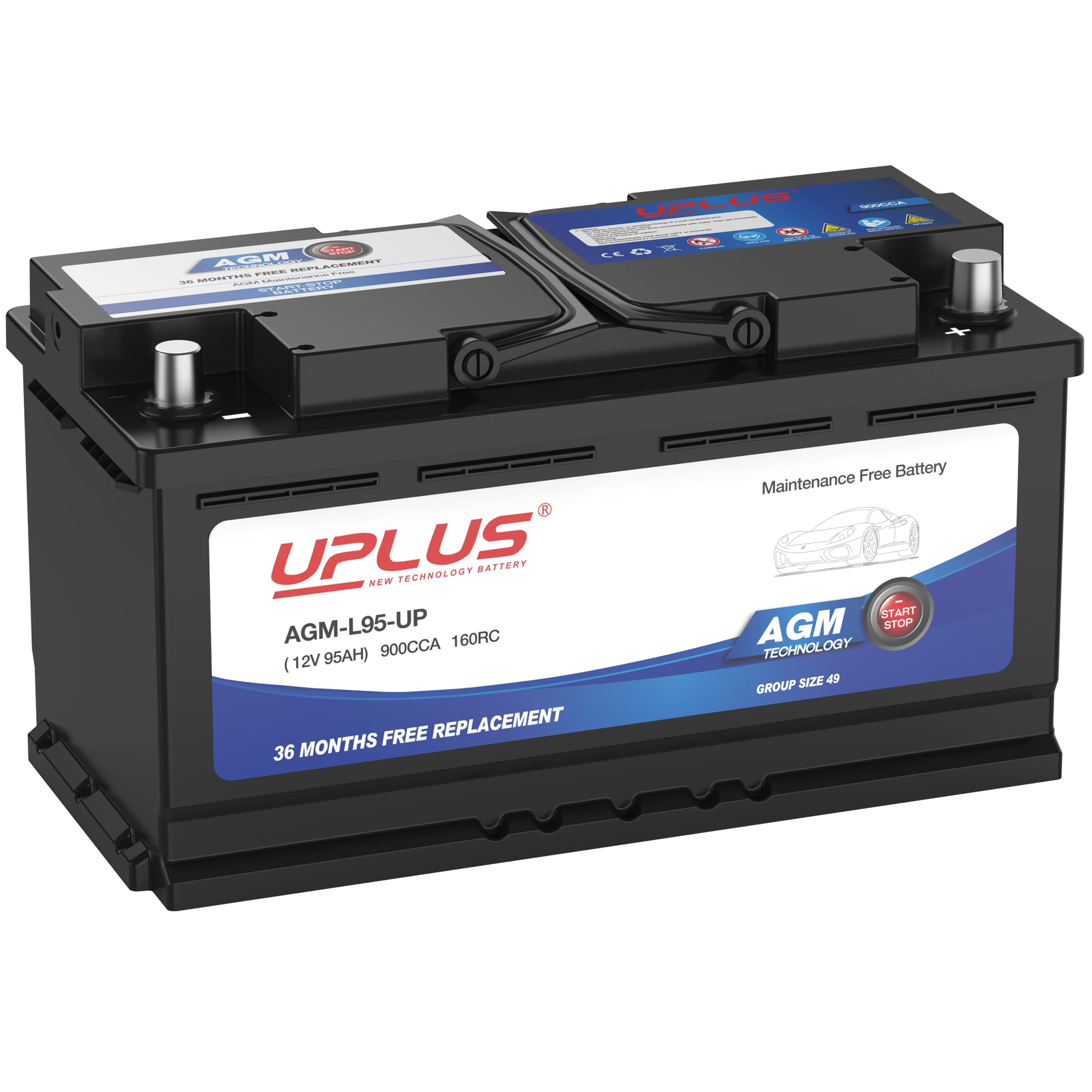 Uplus Bci Group 49 Car Battery, Agm-L95-Up Maintenance Free 12V 95Ah Premium Agm Batteries H8 L5 Automotive Battery, 900Cca, 160