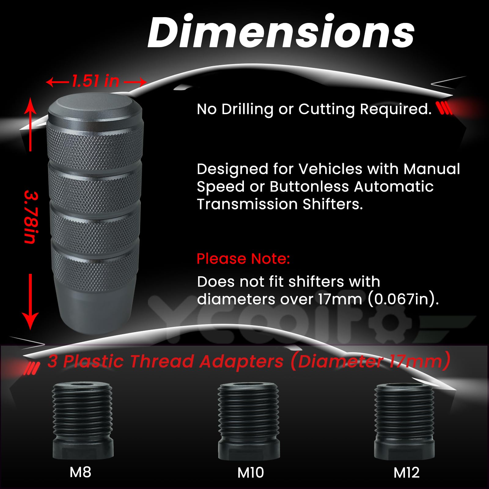 YCooiFo 3.78 Aluminum Weighted Shifter Knob - Grey Manual Gear Shift for Universal M8 M10 M12 Transmissions