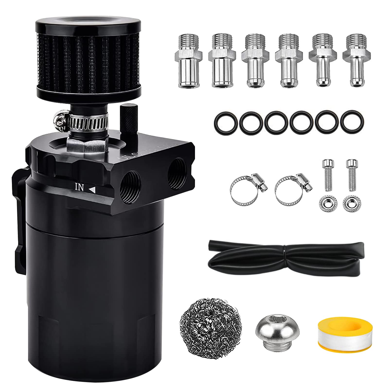 Universal Baffled Oil Catch Can 300Ml Aluminum Polish Oil Separator Catch Can Kit Reservoir Tank With Breather Filter & 3/8' Fuel Line/6 Fittings/Necessary Accessories,Black