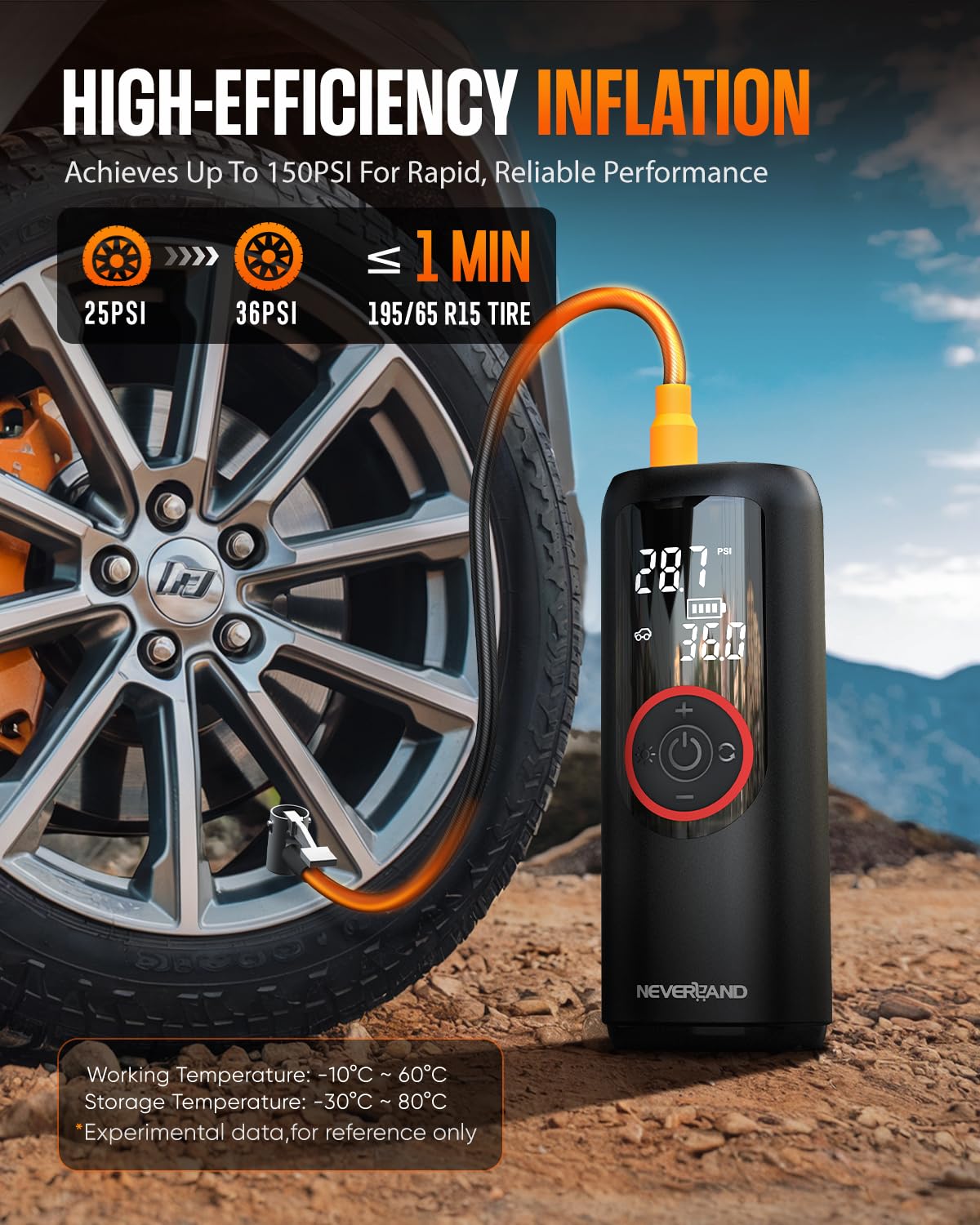 Neverland Tire Inflator Portable Air Compressor - 5X Faster 150 Psi Electric Air Pump For Car Tires, Cordless Tire Inflator With