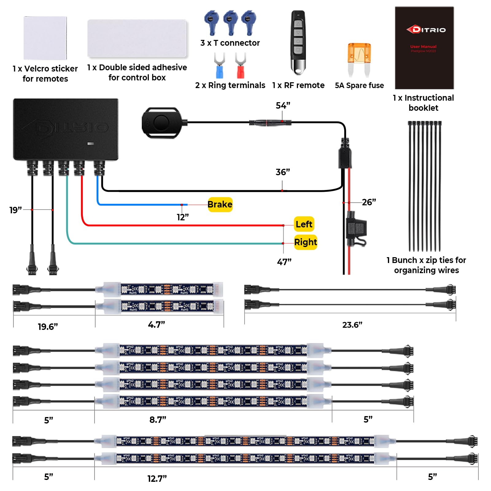 Ditrio 8Pcs Underglow Led Strip Light Kit With App Control, Dual Zone, Brake Turn Signal, 12V Waterproof Pixelglow Effects For M