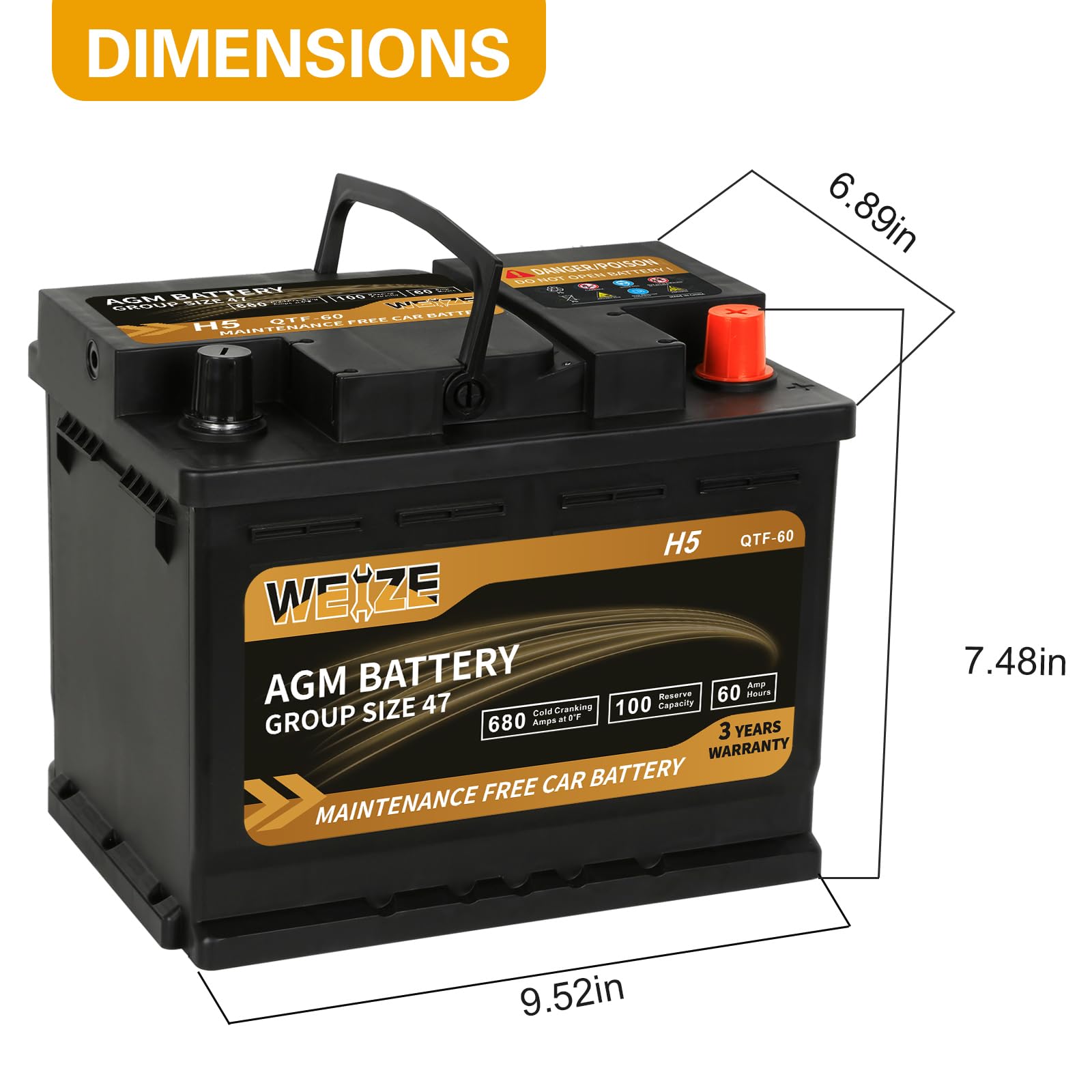 Weize Platinum Agm Battery Bci Group 47-12V 60Ah H5 Size 47 Automotive Battery, 100Rc, 680Cca, 36 Months Warranty