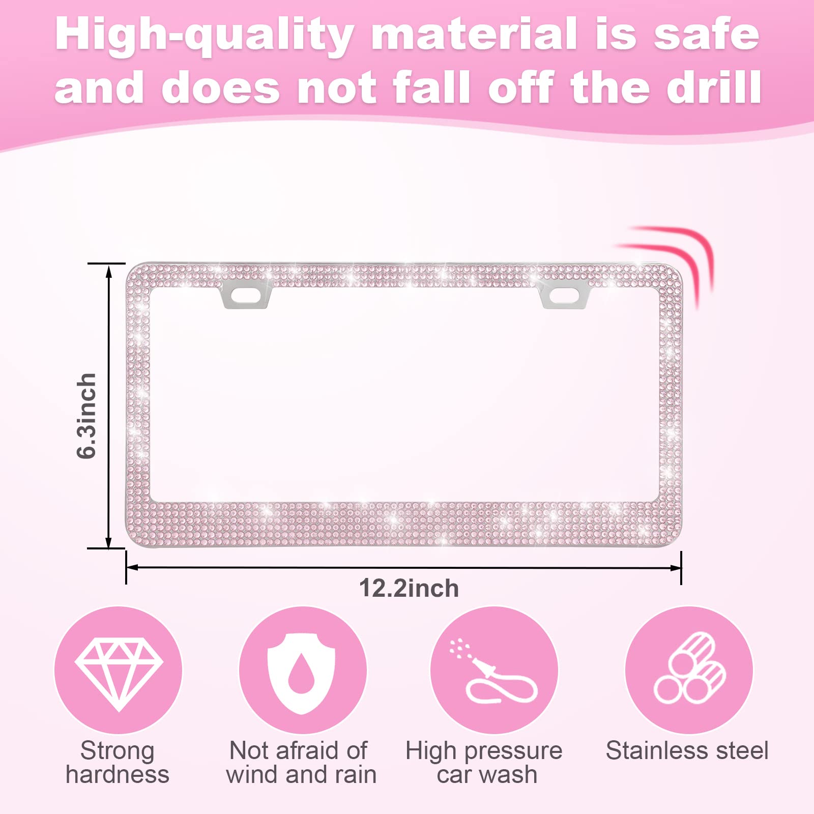 Quanqiufei 2 Pack Bling License Plate Frames For Women, Sparkly Rhinestone Diamond Car Accessories With Glitter Crystal Caps (Pi