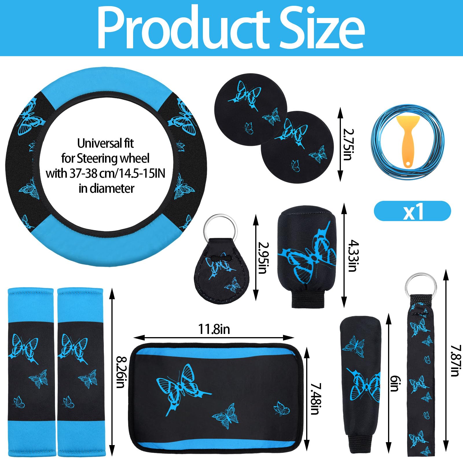 BBTO 43 Pcs Butterfly Car Seat Full Set Butterfly Car Accessories for Women 5 Front Rear Seat Covers Wrist Strap 2 Pcs Cup Mat A