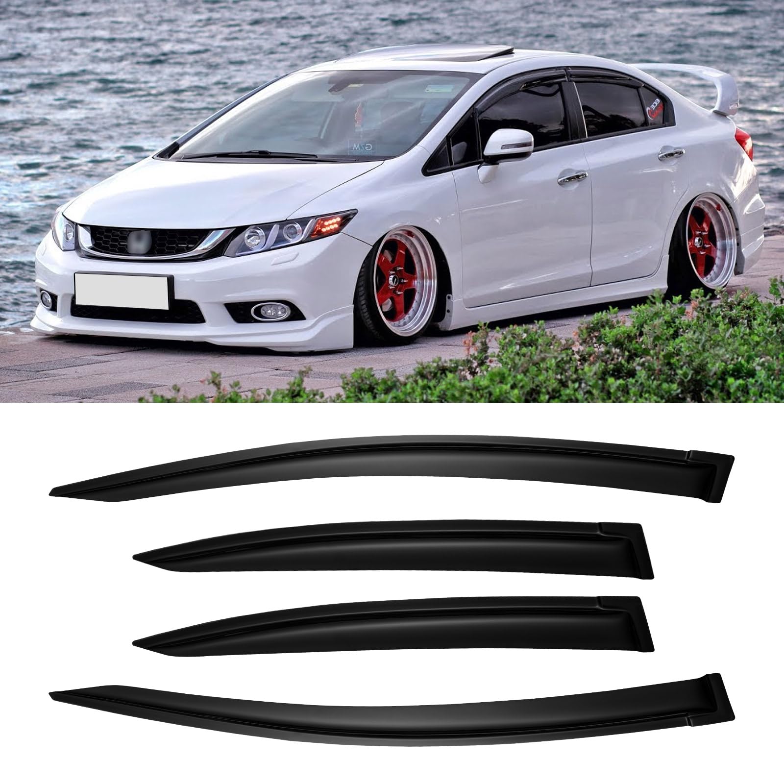 Window Rain Guards for 2012-2015 Honda Civic Sedan, Window Visor Guard Vent Wind Shade Deflector Rain Shield Protector Sun Visor