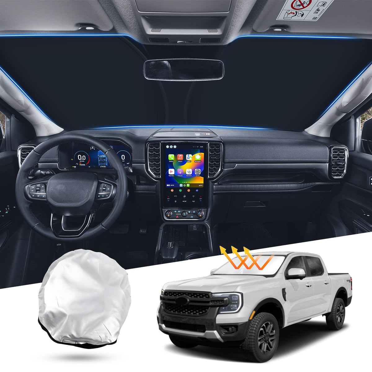 T Tgbros Windshield Sun Shade For Ford Ranger 2019-2025 Accessories Foldable Sun Shield Front Window Sunshade Cover Sun Visor Co