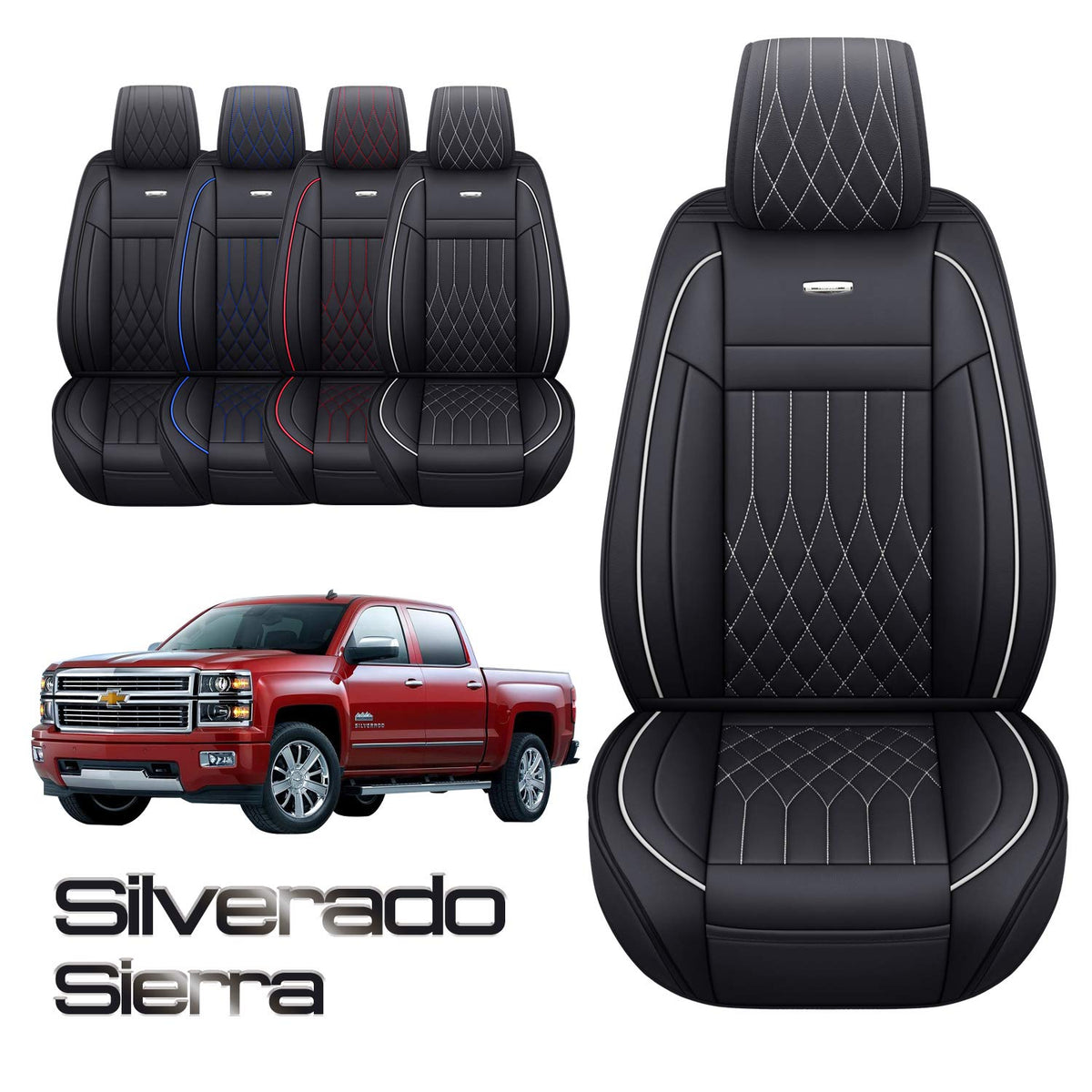 Aierxuan Customized For Chevrolet Chevy Silverado Gmc Sierra Car Seat Covers Front Pair With Waterproof Faux Leather 2007-2023 1500/2500/3500Hd Crew,Double,Extended Cab Pickup Truck Black And White