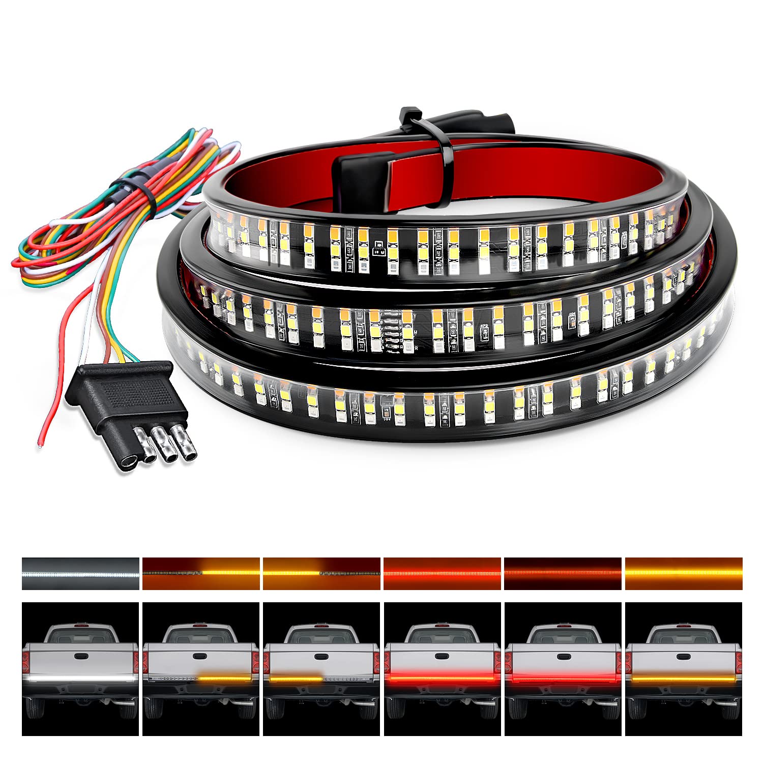 Nilight Truck Tailgate Light Strip 48'' Triple Row 360 Led Strip With Red Running Brake Lights White Reverse Light Amber Turning