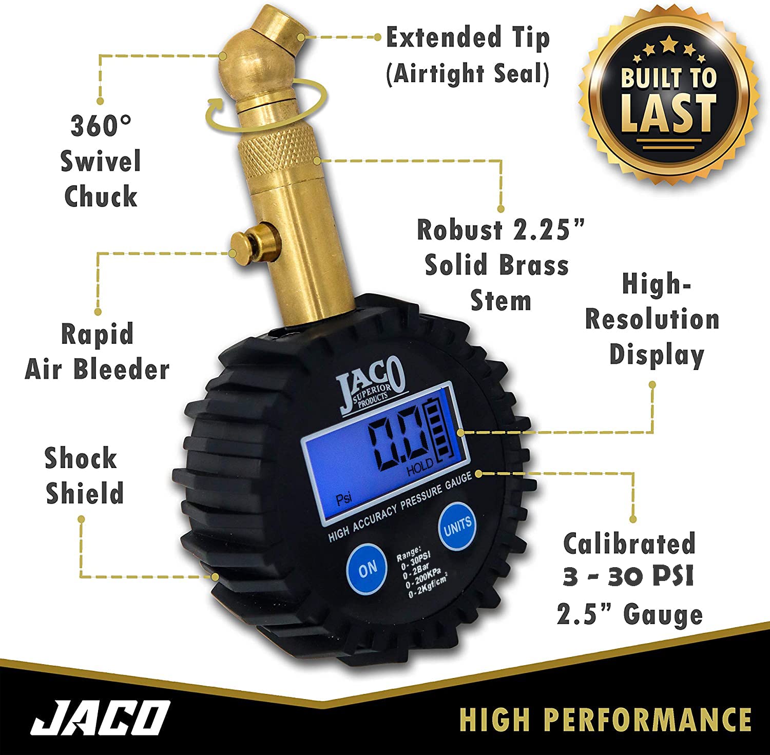 Jaco Elite Digital Low Pressure Tire Gauge - 30 Psi