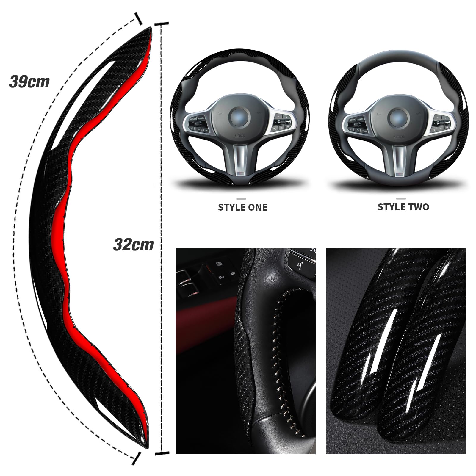 Car Steering Wheel Cover Set Bright Carbon Fiber Wrap Non-Slip 3pcs Steering Wheel Accessories 14.5-15 inch Universal (Black)