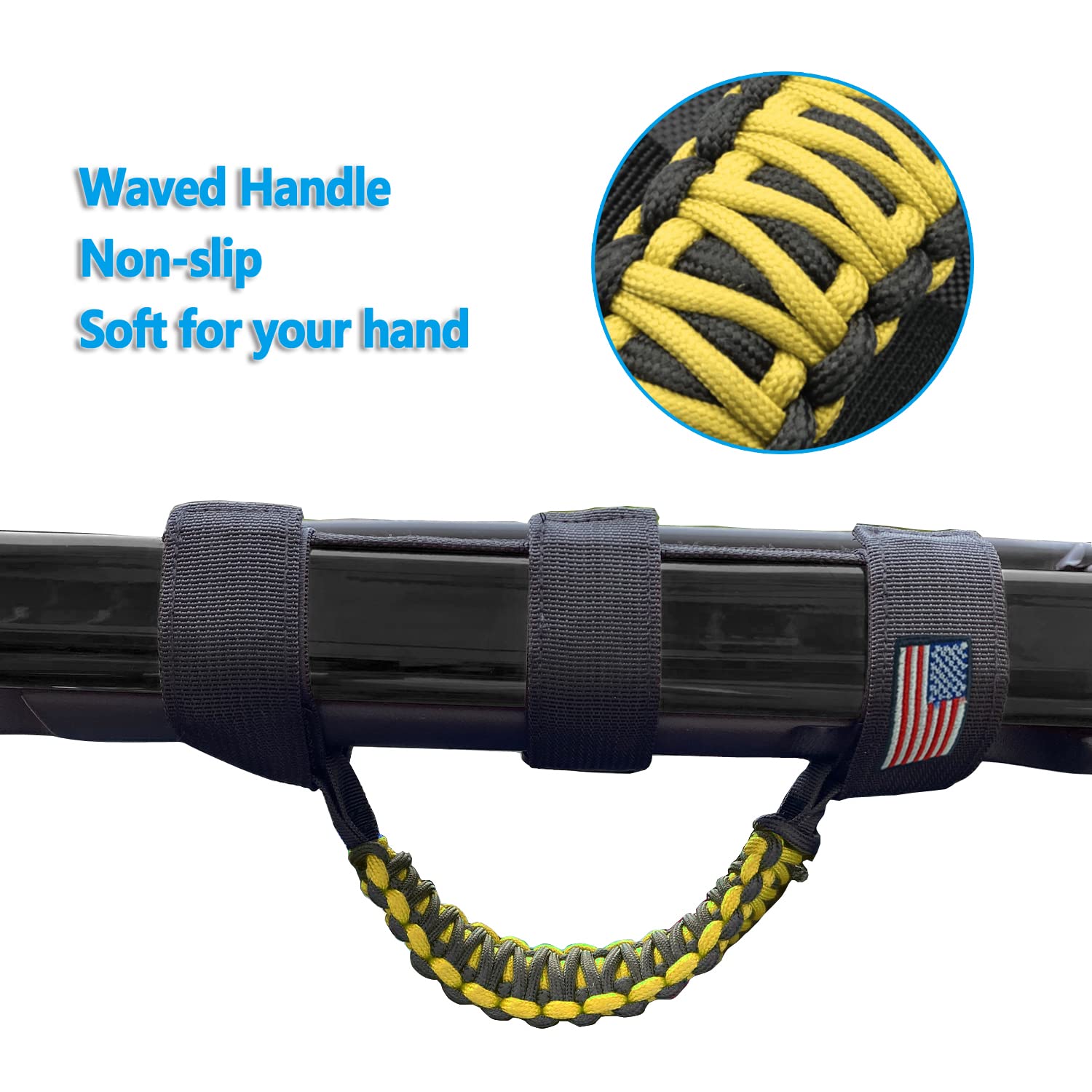 Kohuipu Roll Bar Grab Handles With Us Flag, Paracord Grip Handle For Jeep Wrangler Jk Jku Jl Jlu Tj Cj Yj & Gladiator Jt, Yellow