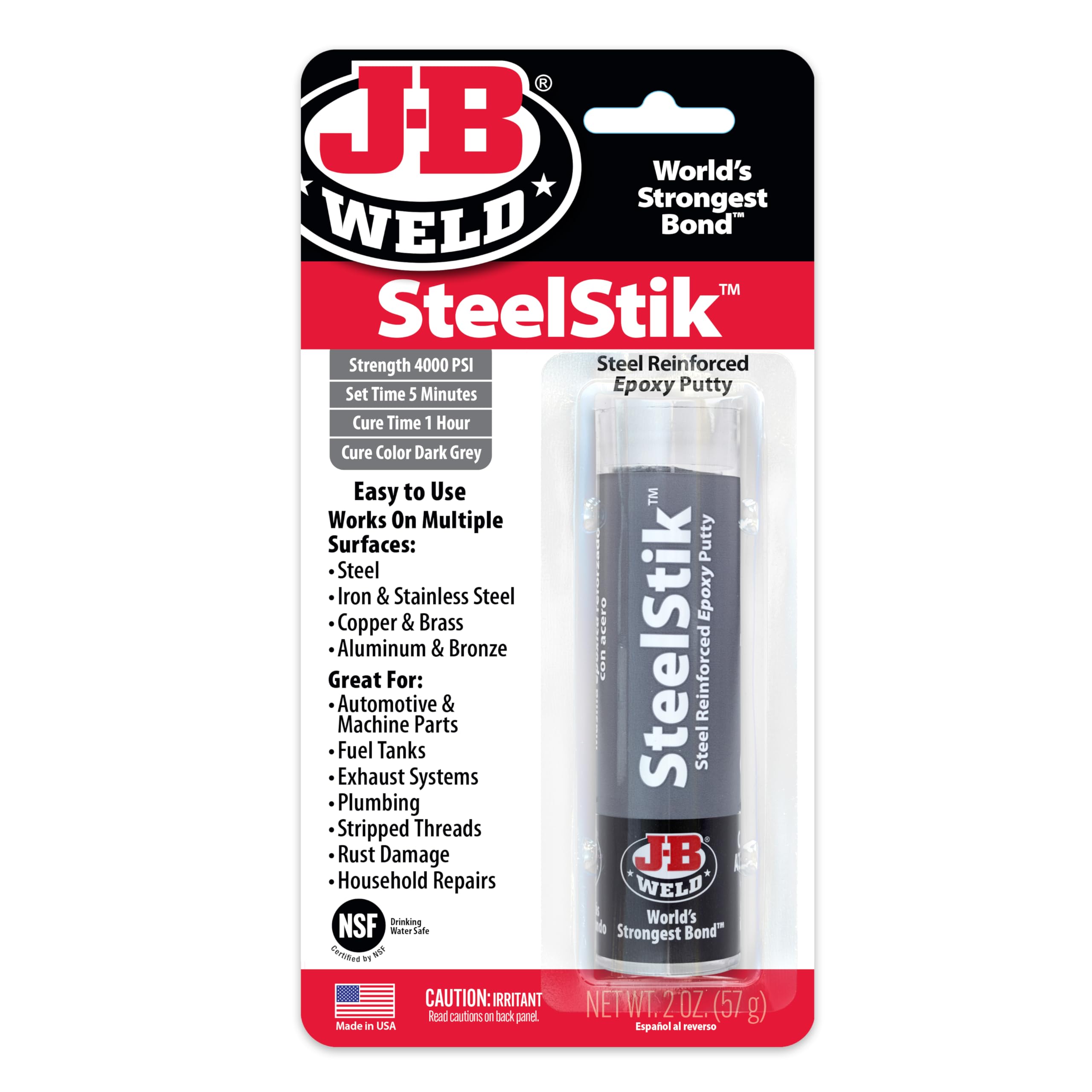 J-B Weld 8267 Steelstik Steel Reinforced Epoxy Putty Stick - 2 Oz.