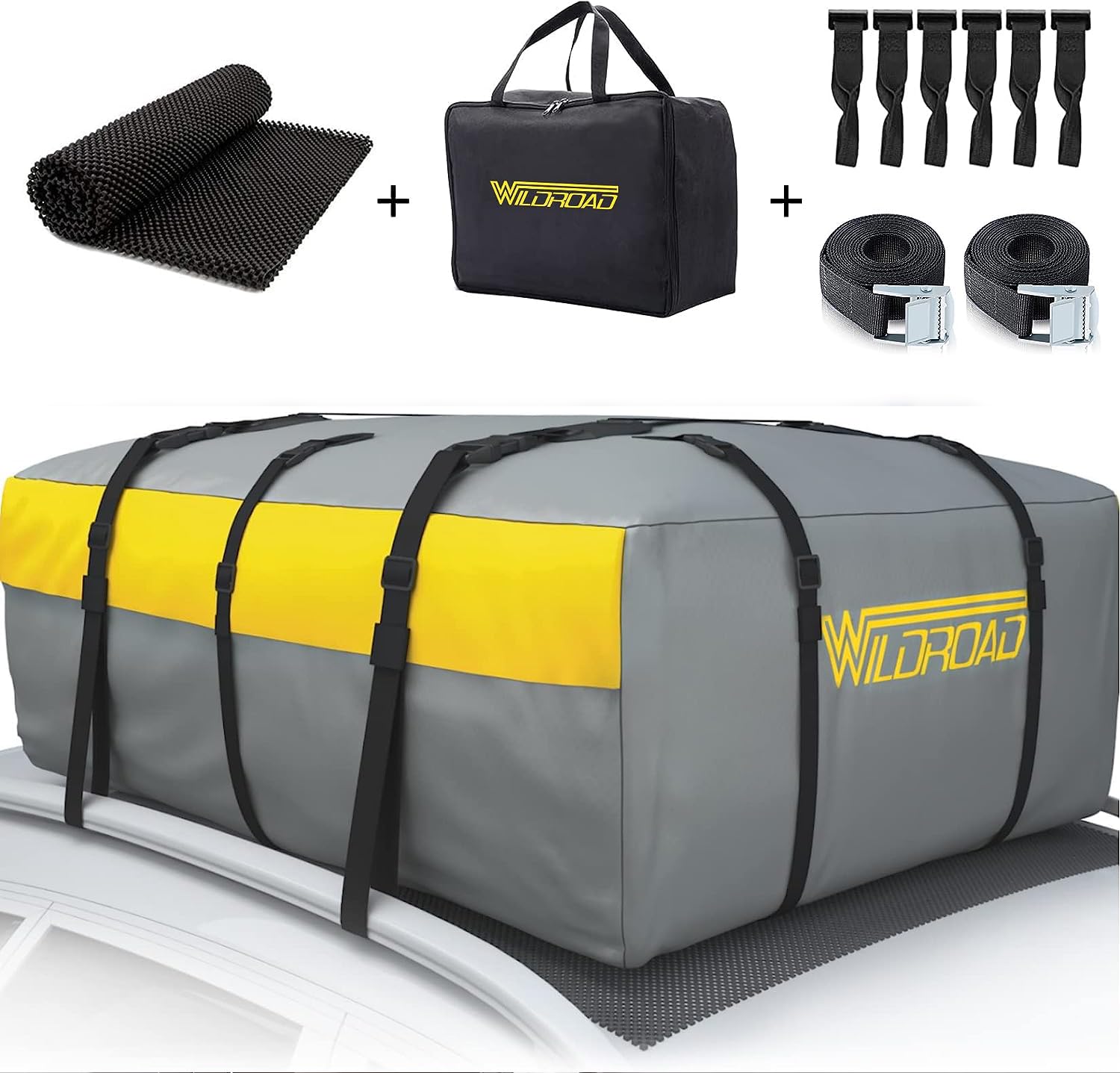 Car Roof Bag Rooftop Cargo Carrier, 21 Cubic Feet Waterproof Roof Luggage Cargo Carrier Bag With Anti-Slip Mat For All Cars Vehicles Suv With/Without Rack (With 2Pcs 4M Ratchet Straps)…