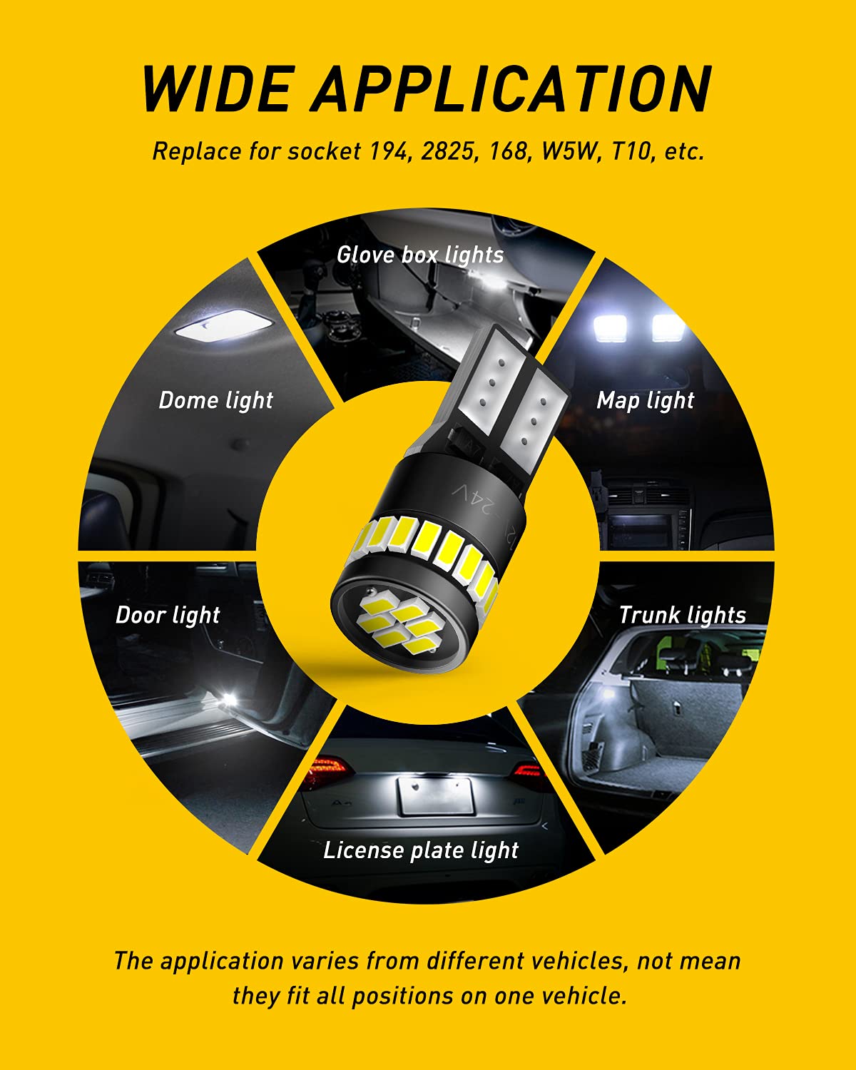 Auxito 194 Led Bulbs For License Plate Light 168 175 2825 W5W T10 24-Smd 3014 Chipsets 6000K White For Car Dome Door Map Dash Co