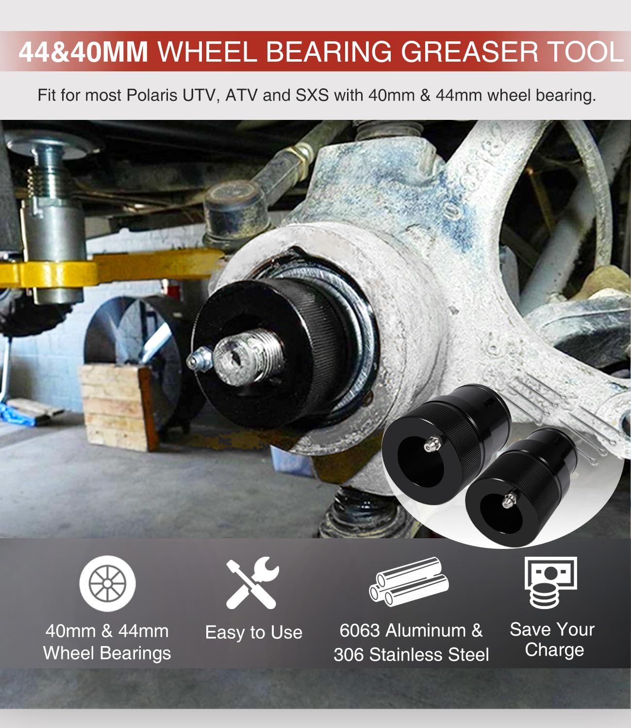 40Mm & 44Mm Front Rear Wheel Bearing Greaser Tool - Greasing Kit Replaces For Polaris Ranger 570 800 900 1000Xp Sportsman 500 850 1000Xp, Also For Polaris Atv Utv Sxs/Rzr 900S/ 1000/ Pro Xp