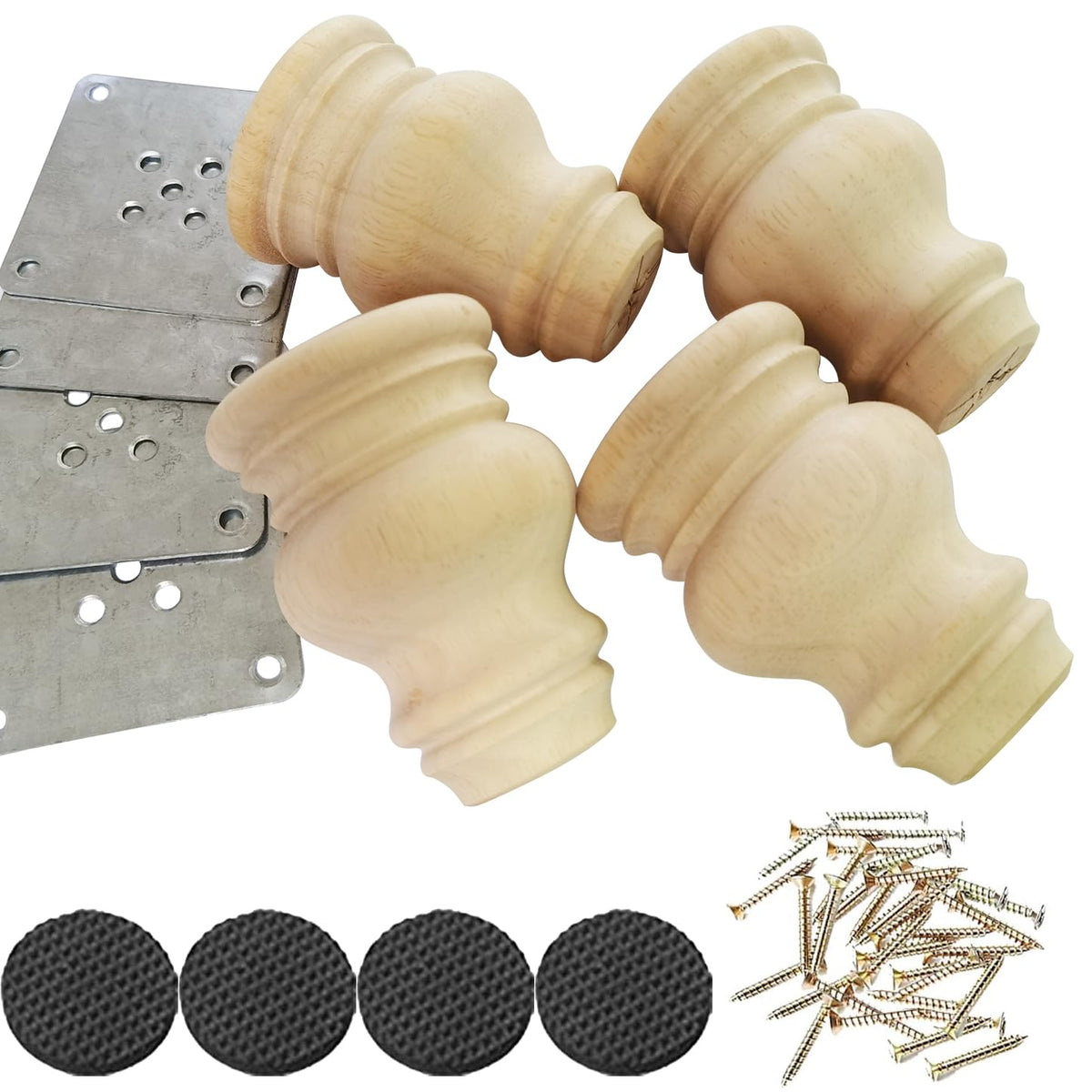 Wooden Furniture Legs, Solid Wood Unpainted Replacement Furniture Legs, Kitchen Dining Table Legs/Desk/Sofa/Bookcase Bun Feet, Diy Wooden Round Legs With Mounting Plate & Screws Set Of 4 (4 Inch)