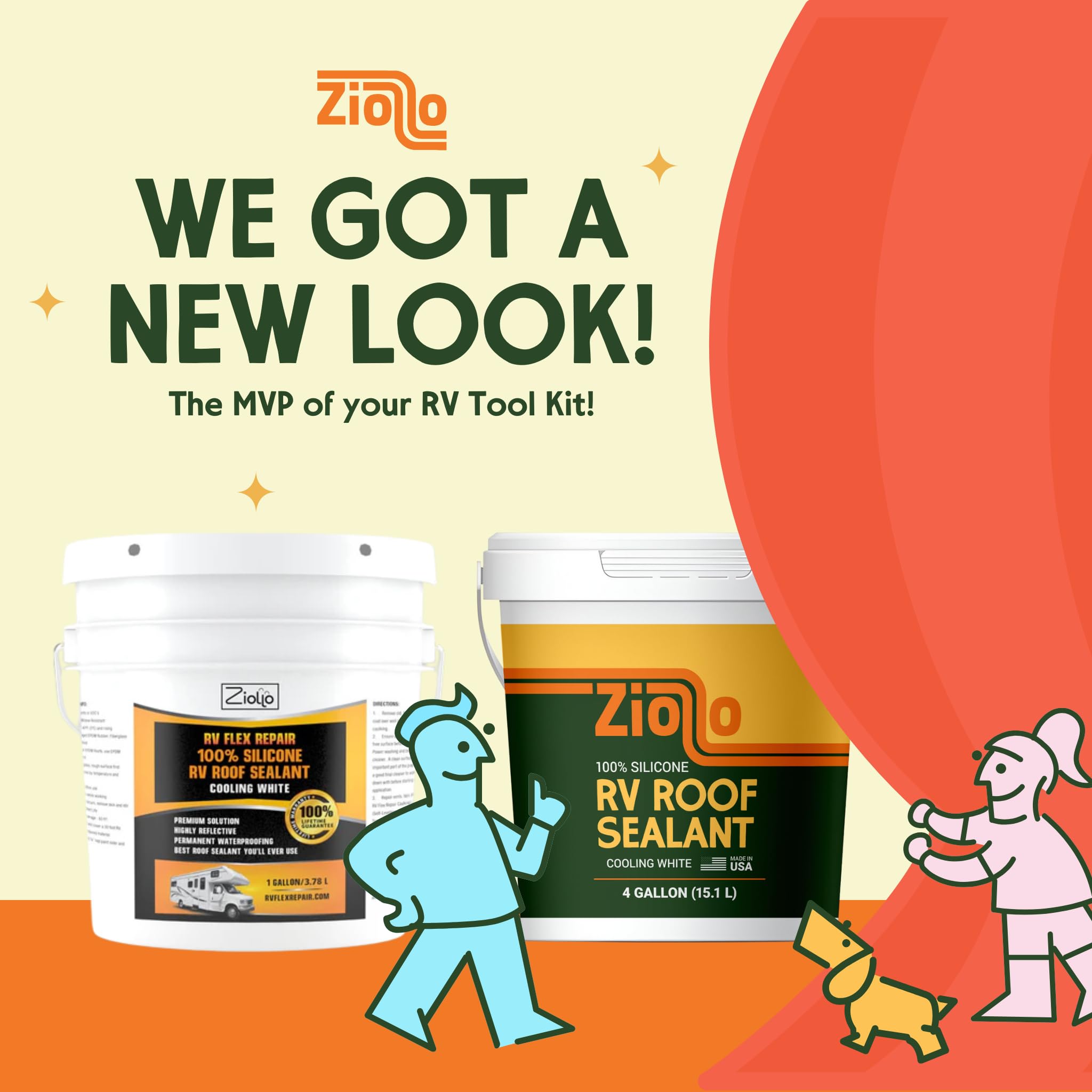 Ziollo Rv Roof Sealant - Leak Repair 100% Silicone Liquid Rubber - Premium Waterproof Coating For Campers, Pop Up, Motorhomes, A