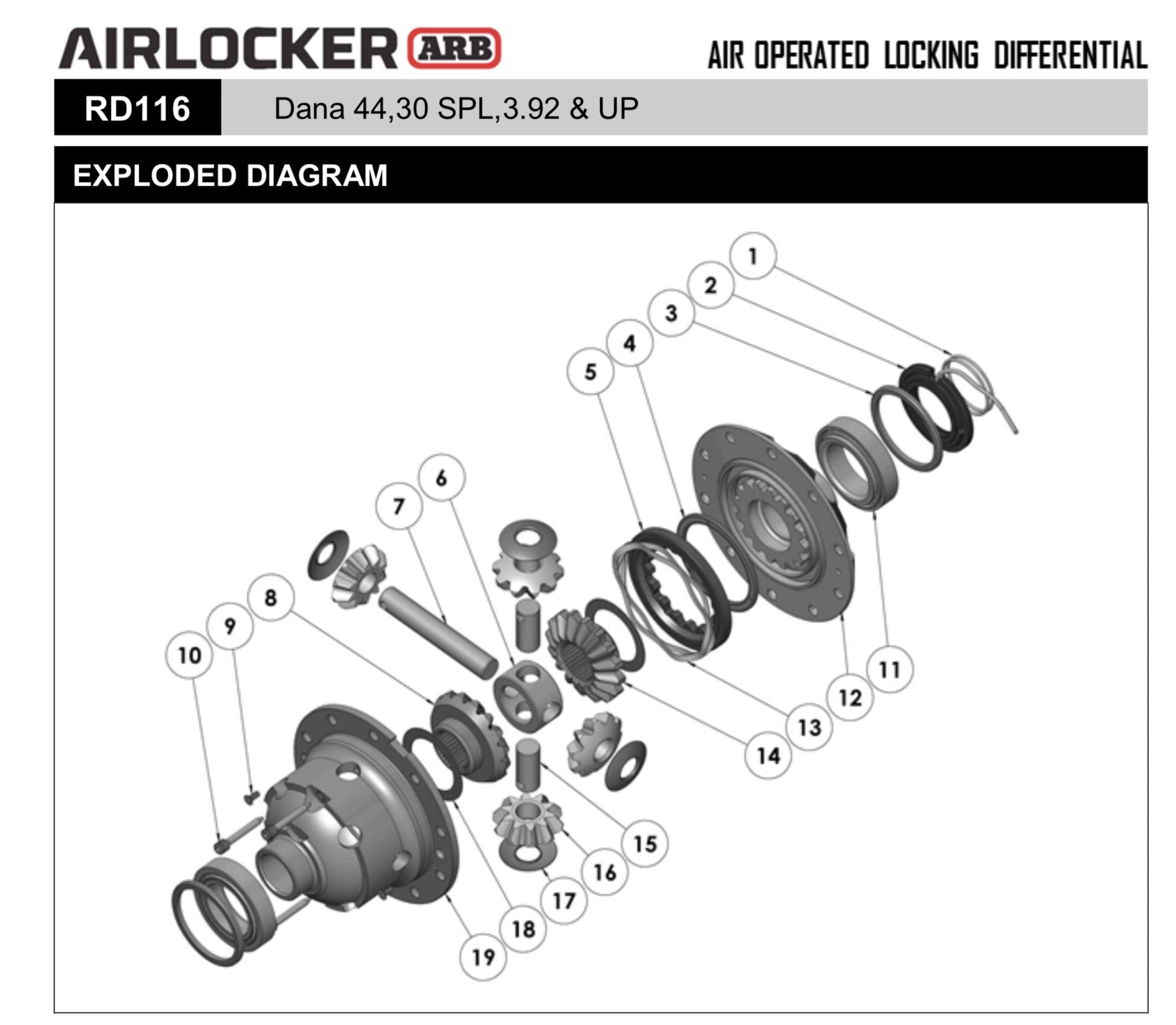 Arb Rd116 Air Operated Locking Differential For Dana Spicer Model 44, 3.92 & Up, 30 Spline