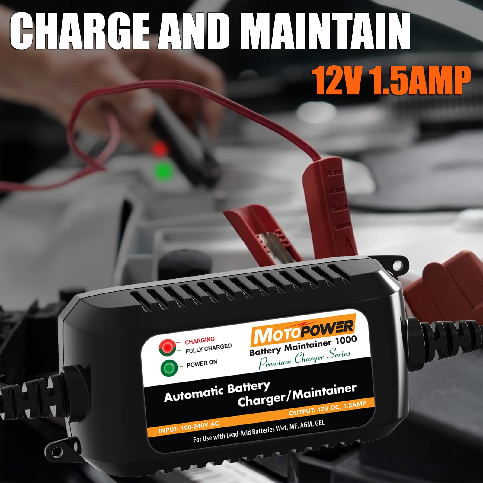MOTOPOWER MP00206A 12V 1.5A Automatic Battery Charger & Maintainer for Cars, Motorcycles, RVs, ATVs, Boats - Smart & Eco-Friendly