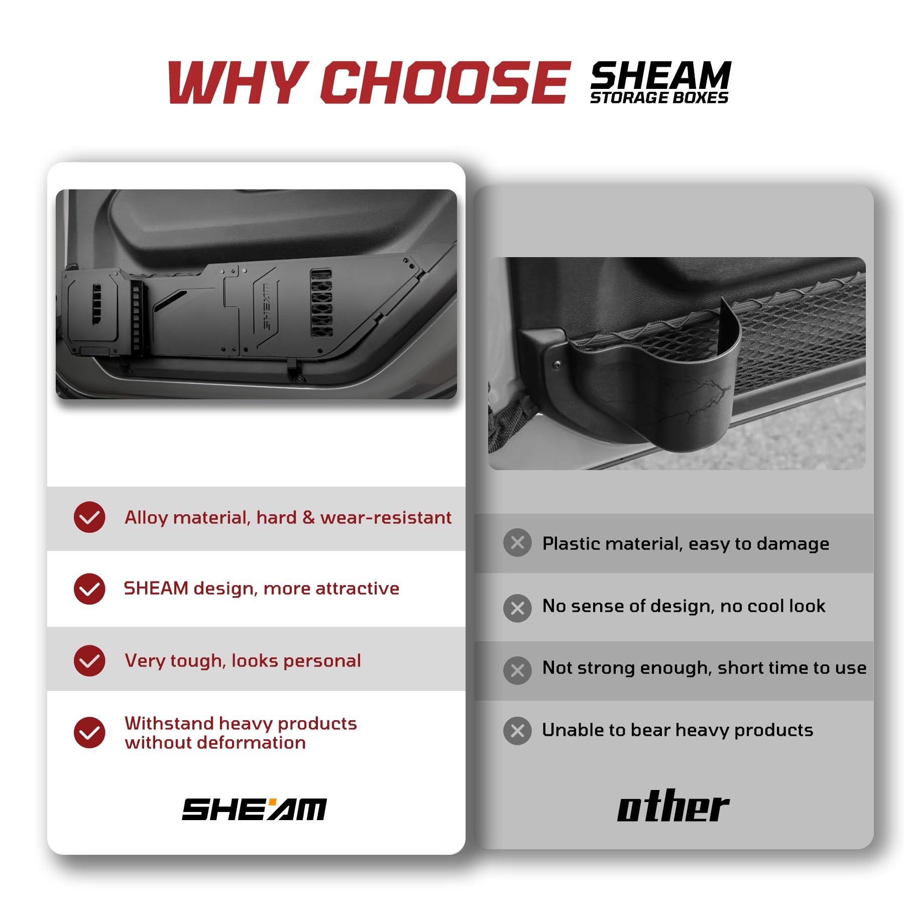 SHEAM Metal Front Door Pocket Storage Box Compatible with 2018-2025 Jeep Wrangler JL 2/4 Door 4XE Gladiator JT, Car Side Insert