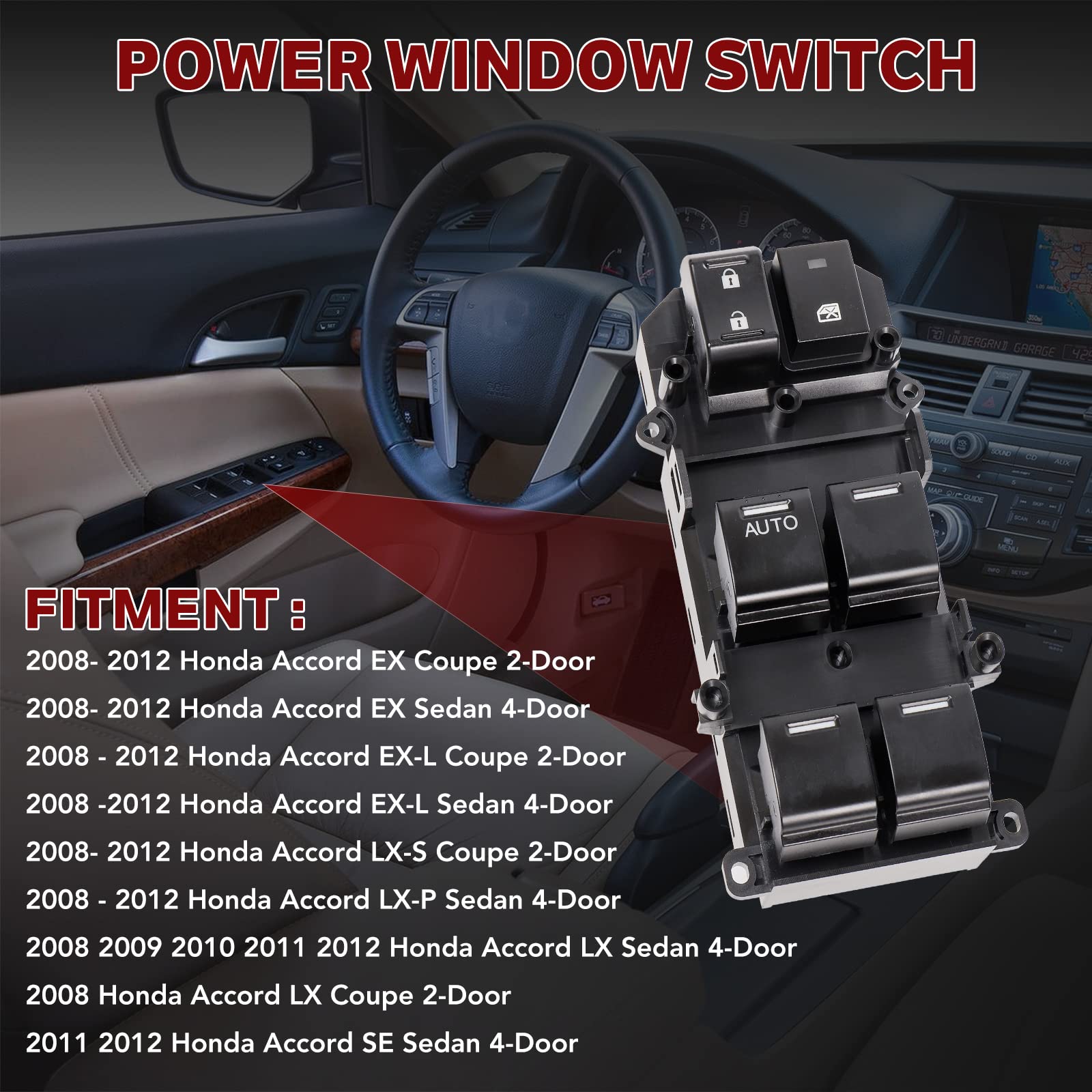 35750-Tb0-H01 Driver Side Master Power Window Switch Replacement For Honda Accord 2008 2009 2010 2011 2012, Replace# 35750-Tbd-H