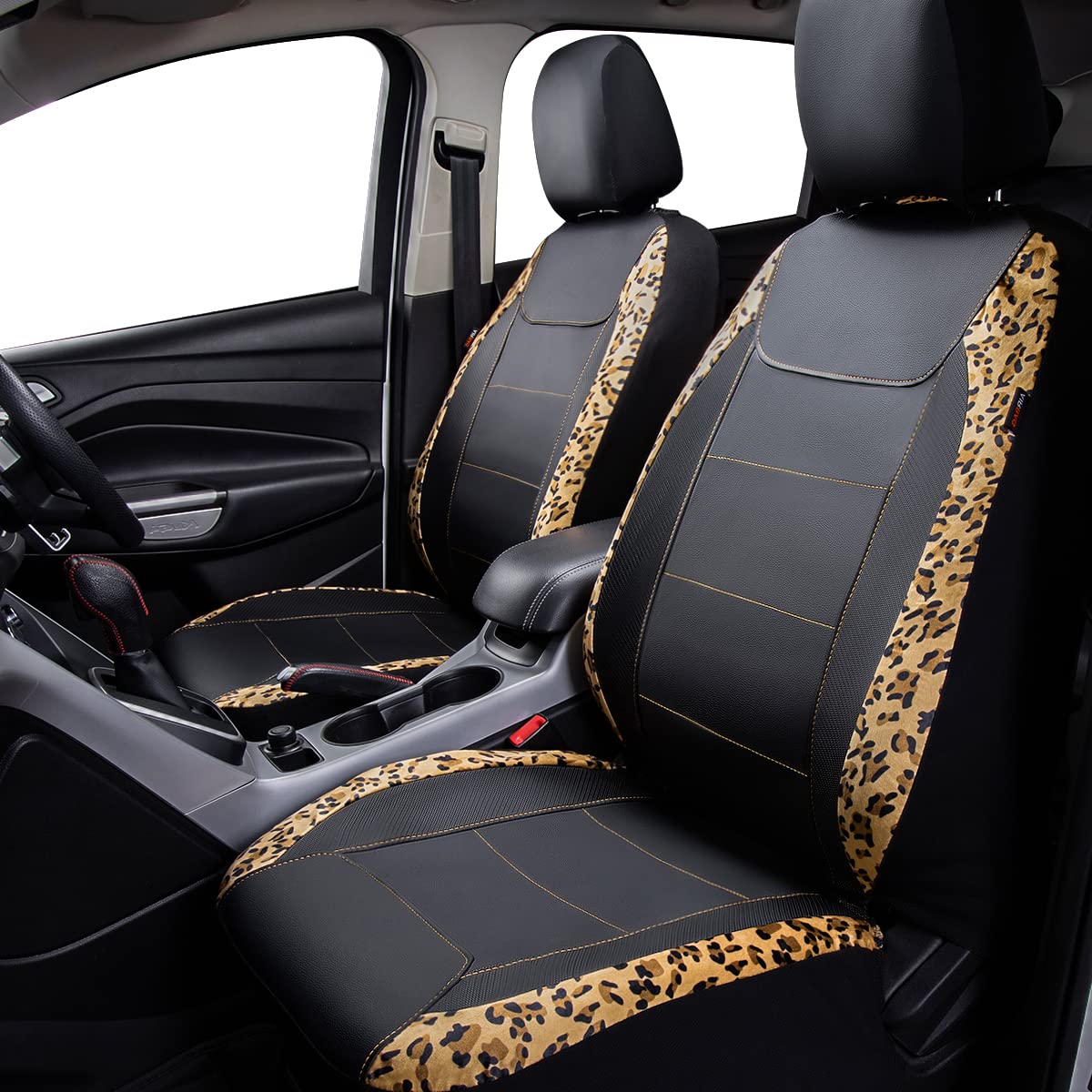 Flying Banner Car Seat Covers Protects Leopard Printing Velvet Faux Leather Carbon Fiber Front Pair Carbon Fibre (Leopard Black,