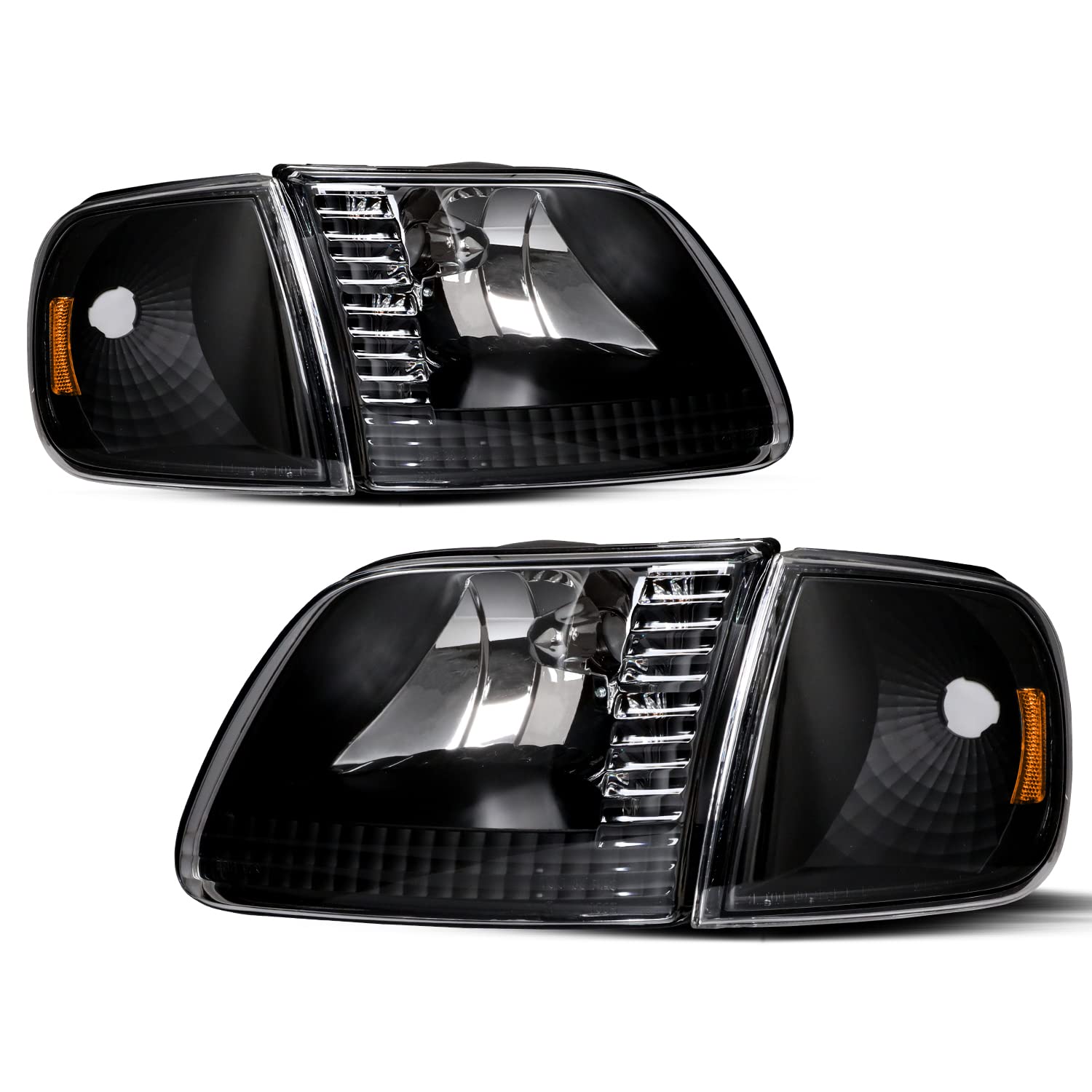 Jsboyat Headlight Assembly Compatible With 97-03 Ford F-150/04 Ford F150 Heritage / 97-02 Ford Expedition / 97-99 F250 Headlamp With Corner Light 4Pcs, Black Housing With Amber Reflector