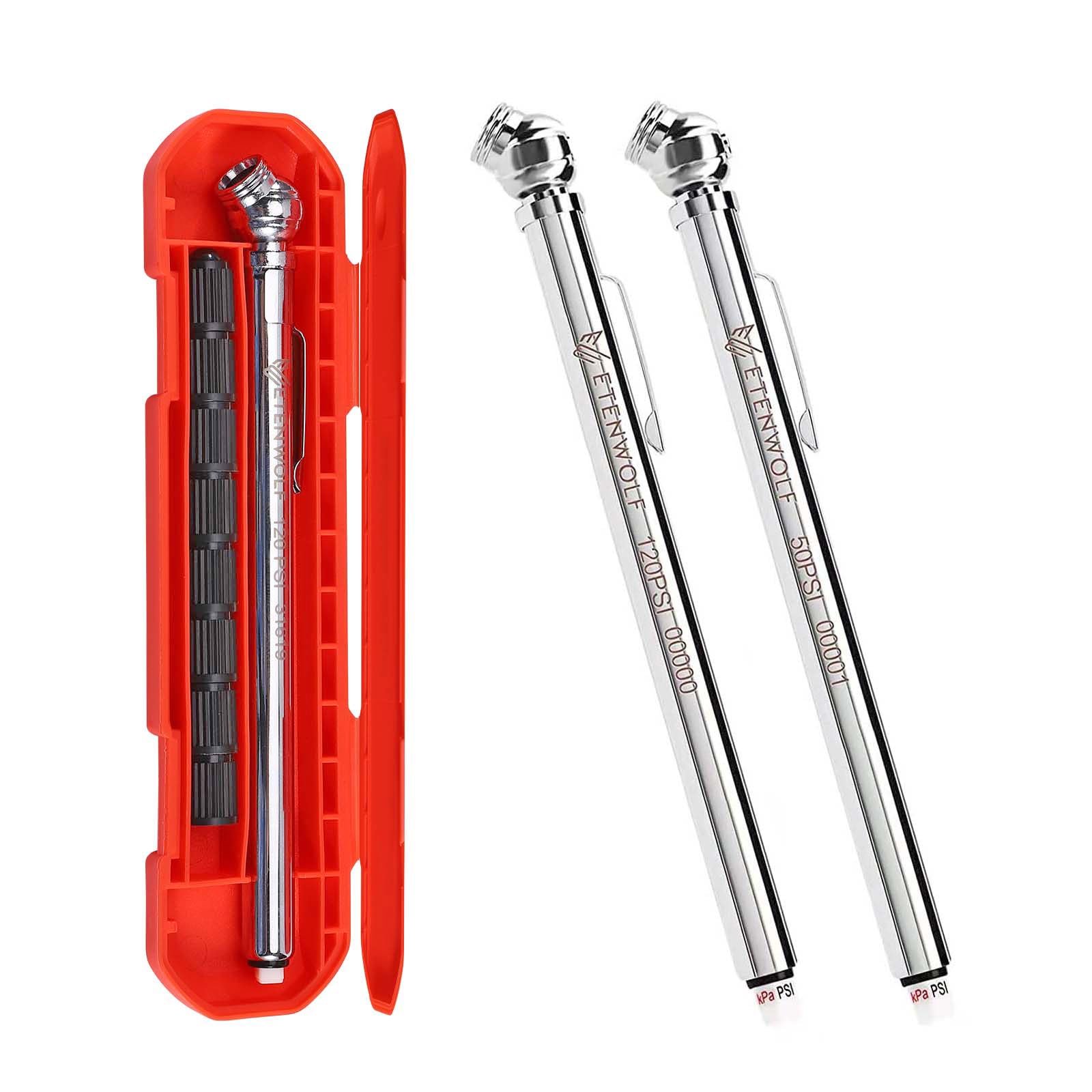 ETENWOLF Pencil Tire Pressure Gauge 2 Pack (10-50PSI, 20-120PSI) with 16 Tire Caps Calibrated to ANSI B40.1 Grade B(2%), Stainle