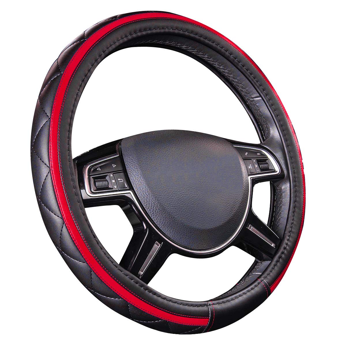 Car Pass Sporty Quilting Leather Universal Fit Steering Wheel Cover,Fit For Suvs,Vans,Sedans,Trucks For 14.7'' To 15'' (Black &