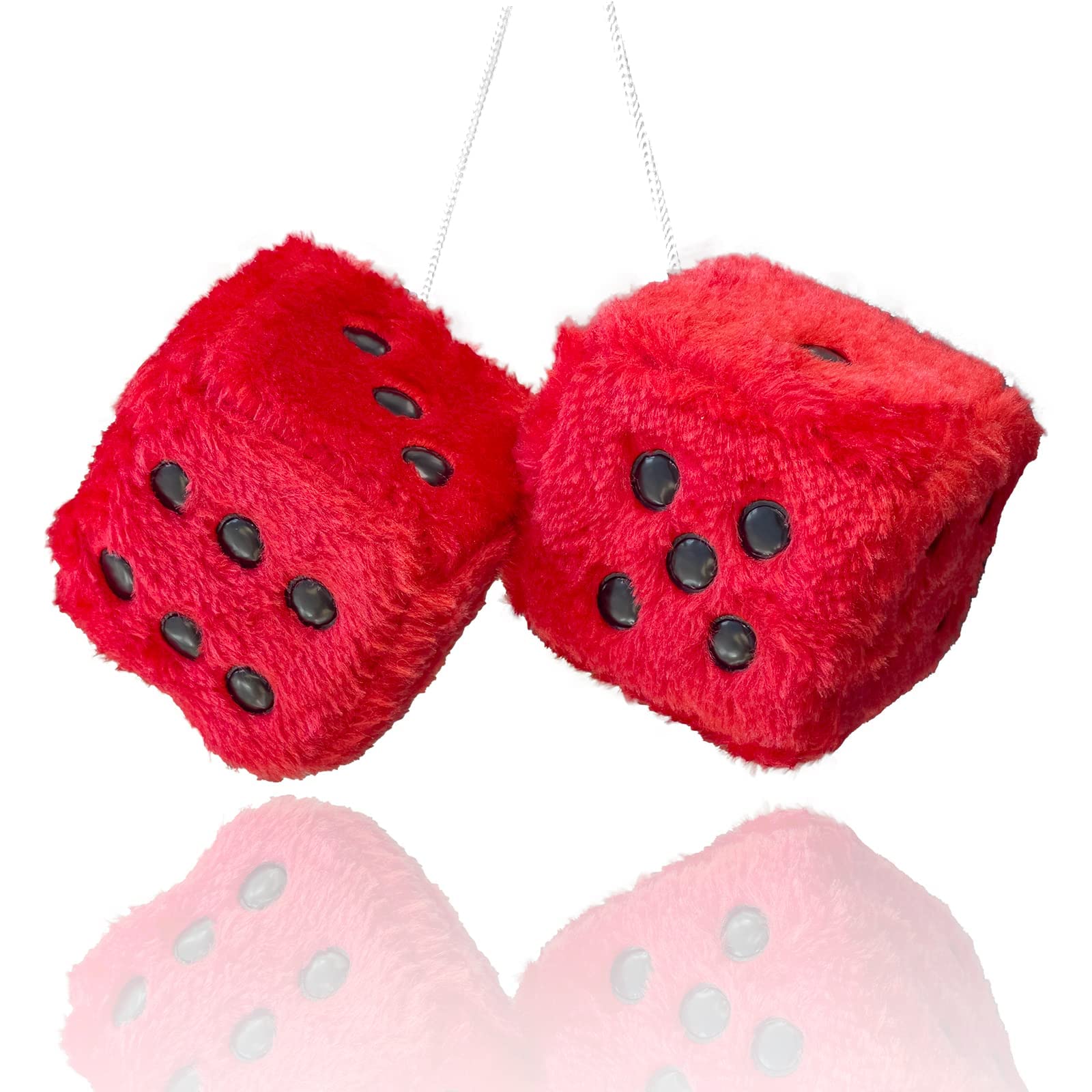 Fuzzy Plush Dice For Car Mirror, Pair Of Retro 3    Red Dice With Black Dots For Car Interior Hanging Ornament Decoration