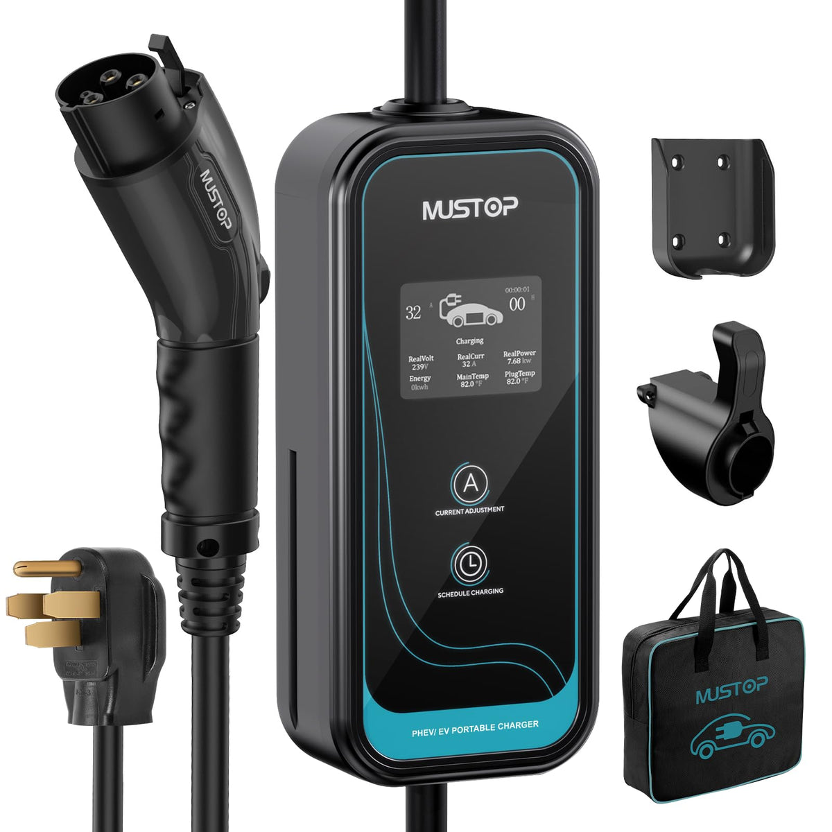 Portable Level 1 and 2 EV Charger (32 Amp, 110V-240V, 20ft,NEMA 14-50P),IP65 Waterproof, LCD Screen Electric Vehicle Charger Plu