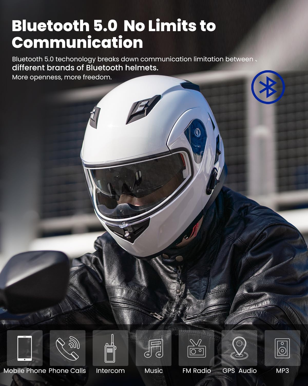 Ilm Bluetooth Integrated Modular Flip Up Full Face Motorcycle Helmet Sun Shield Mp3 Intercom Model 953Pro (Xl, White)