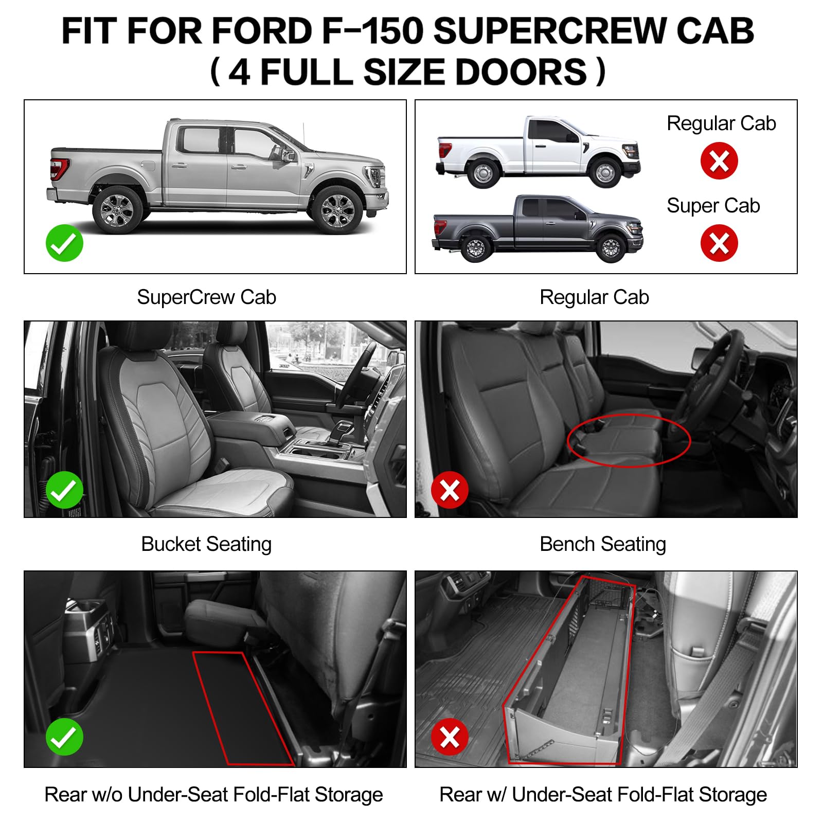 Weize Floor Mats Cargo Liner For Ford F150 Supercrew Cab 2015-2024 2025/2022-2025 F-150 Lightning Front & 2Nd Row All Weather Tp