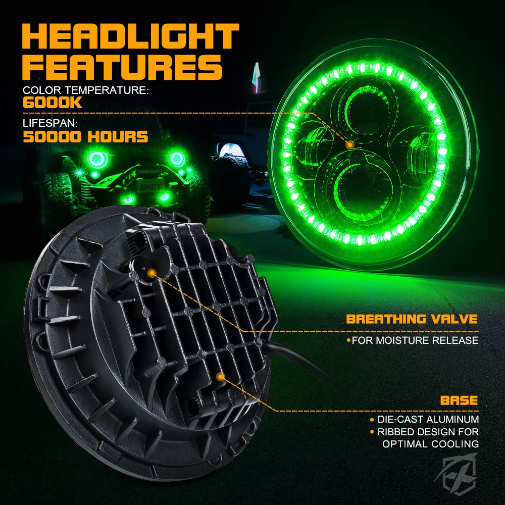 Xprite 7'' 90W Led Headlights & 4 Inch 60W Fog Lights Combo W/Green Halo Angel Eye Compatible With 2007-2018 Jeep Wrangler Jk, D