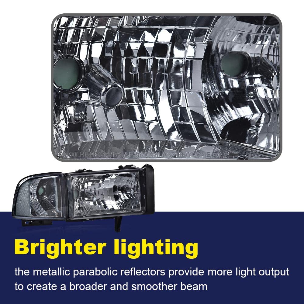 Cheda Front Headlights Assembly Headlamp, Compatible With 1994-2002 Dodge Ram 1500 2500 3500 Black Housing Clear Corner Headligh