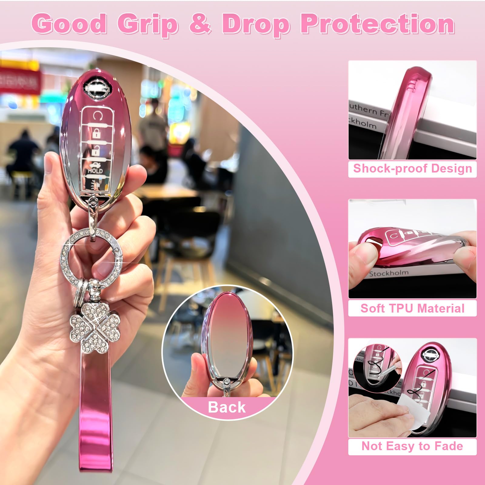 Pifoog Key Fob Cover For Nissan 5 Button Pink Girly Car Keys Case Shell Bling Keychain Full Covers Protector Accessories For Alt