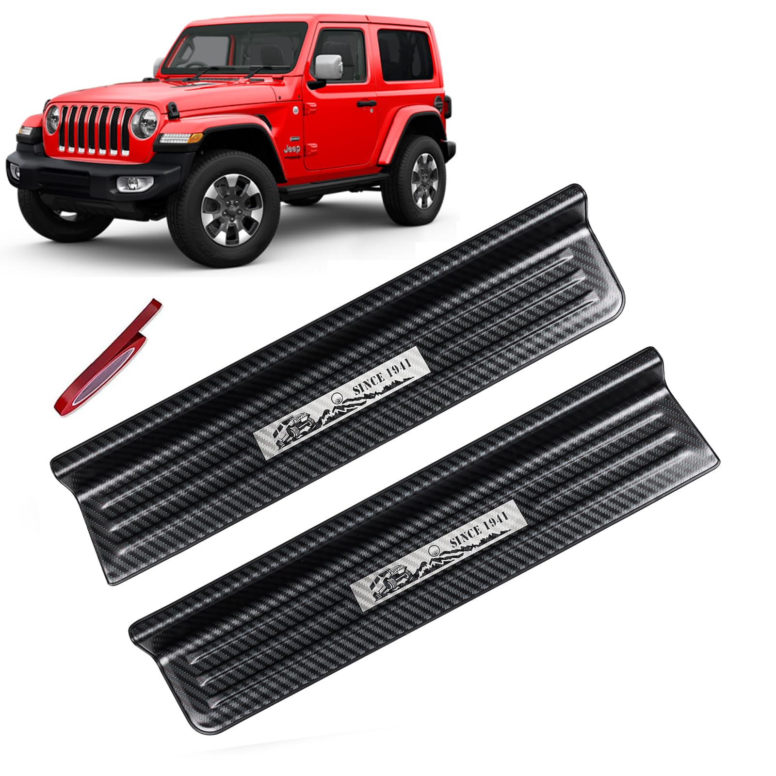 Rowa Door Sill Guards Compatible With Jeep 2018-2025 Wrangler Jl Jlu & 2020-2025 Gladiator Jt, Carbon Fiber Pattern 304 Stainles