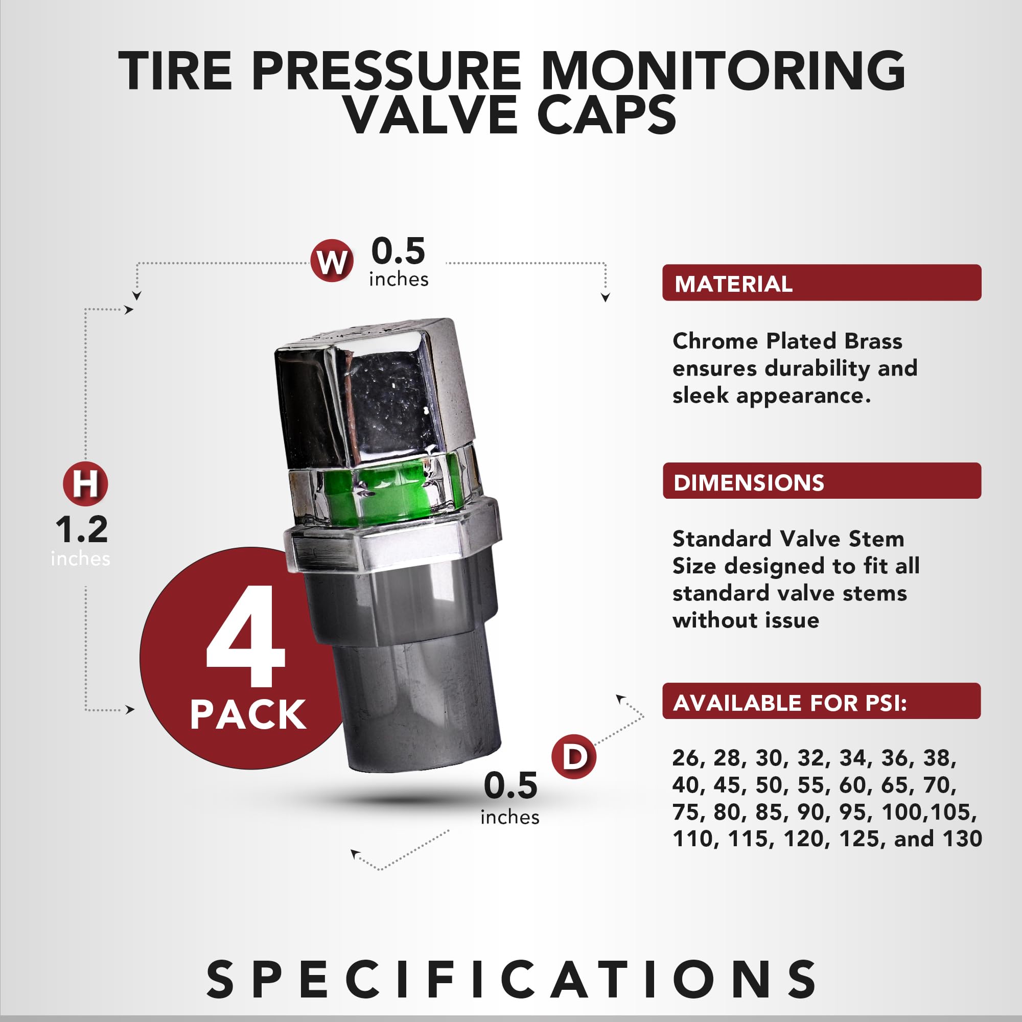 Quick Pressure Tire Pressure Monitoring Valve Caps - Chrome-Plated, 40 PSI Sensor Gauge, Pack of 4, Durable Brass Material