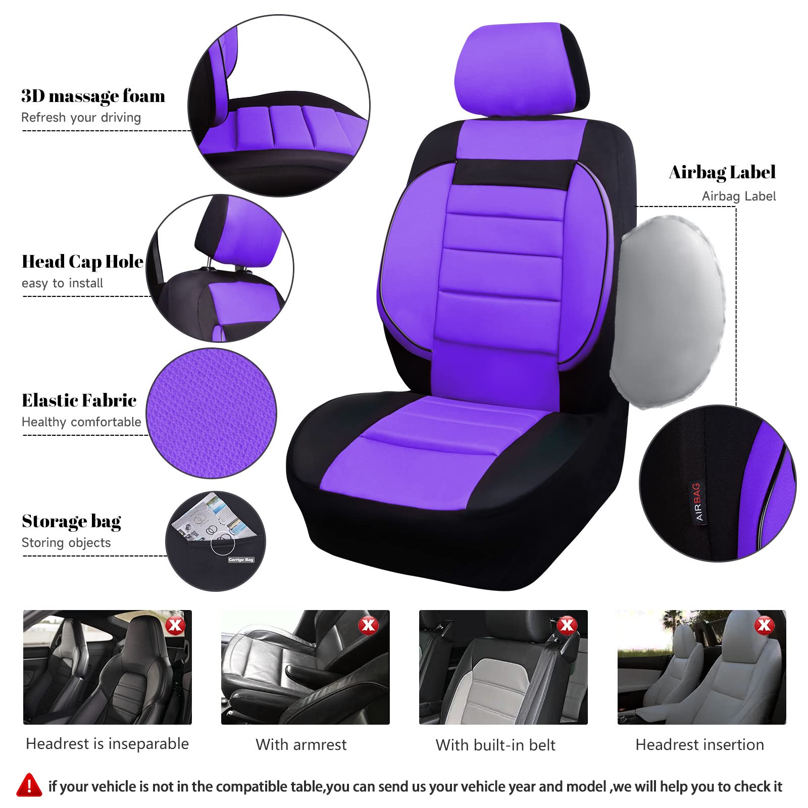 CAR PASS 6PCS 3D Foam Cushion Back Support Universal Fit Elegance Two Front Car Seat Covers,for Automotive SUV,Van,saden,Trucks Airbag Compatible(Black and Purple) Women Comfortable “Cute Girly