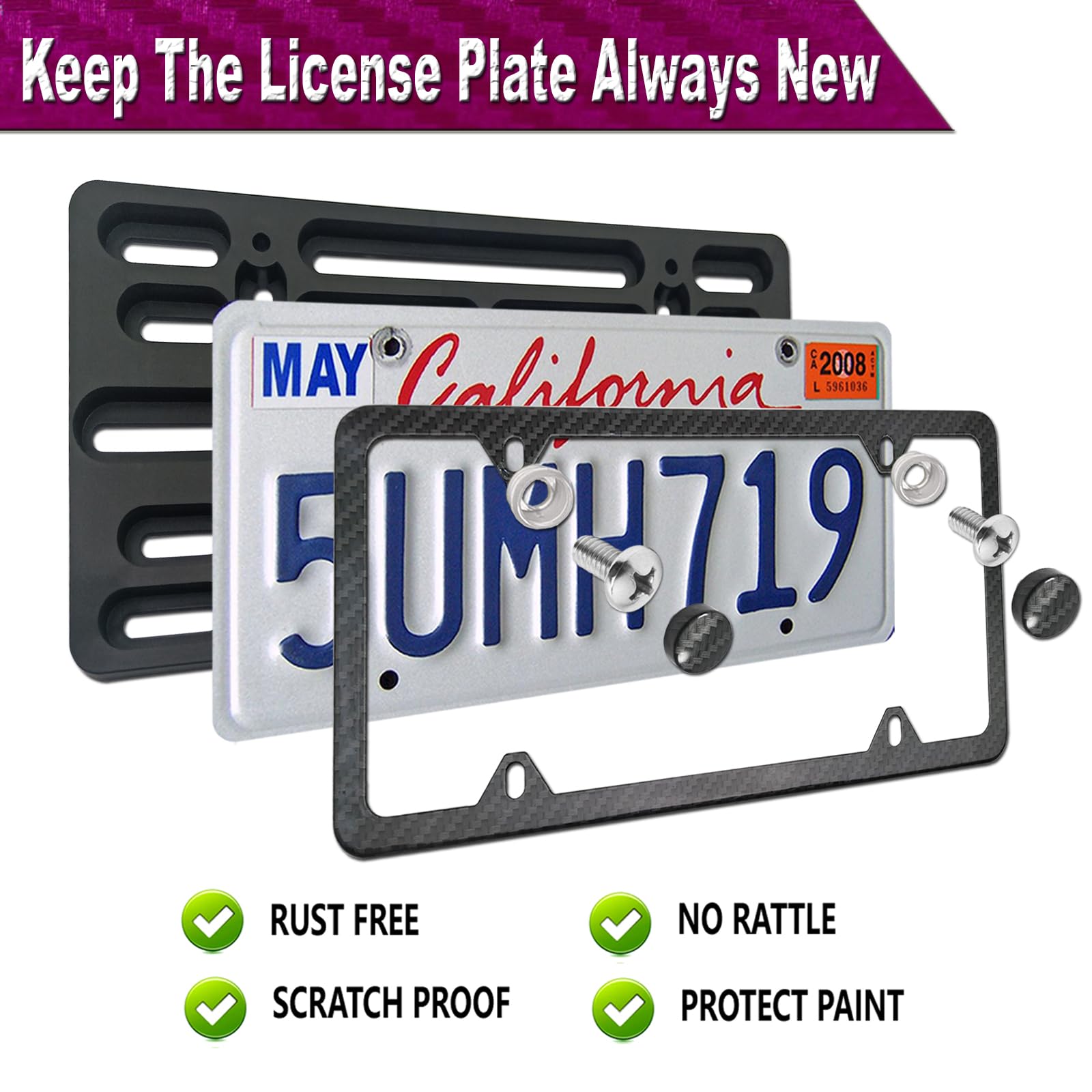 Zxfoog Front License Plate Mounting Kit- Bumper License Plate Bracket & Aluminum Carbon Pattern Car Tag Frame, Universal No Drilling Hole Adapter For Truck/Trailer, With Screws Cap, Rattle Proof Pad