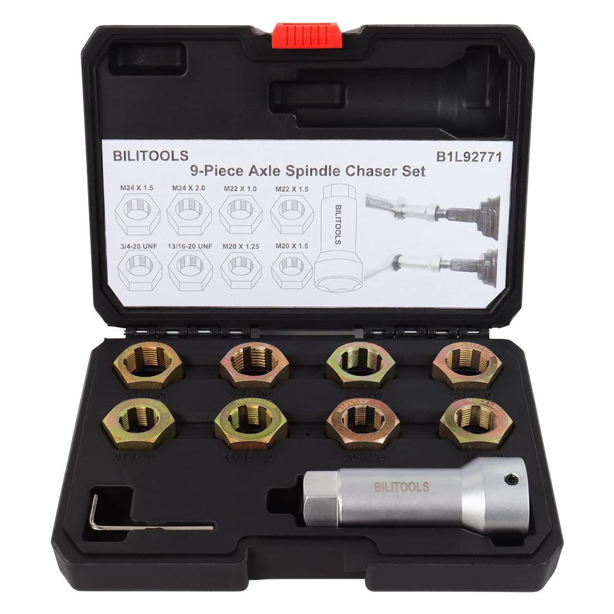 Bilitools 9-Piece Axle Spindle Thread Chaser Set, Thread Rethreading Restorer Tool Metric M20 M22 M24 & Unf 13/16   3/4   