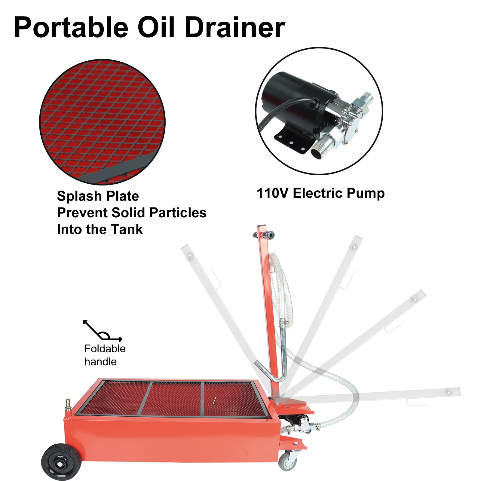 SUPERFASTRACING 17 Gallon Low Profile Roll Around Oil Drain Pan with 110V Electric Pump 8FT Hose for Trucks Cars SUVs