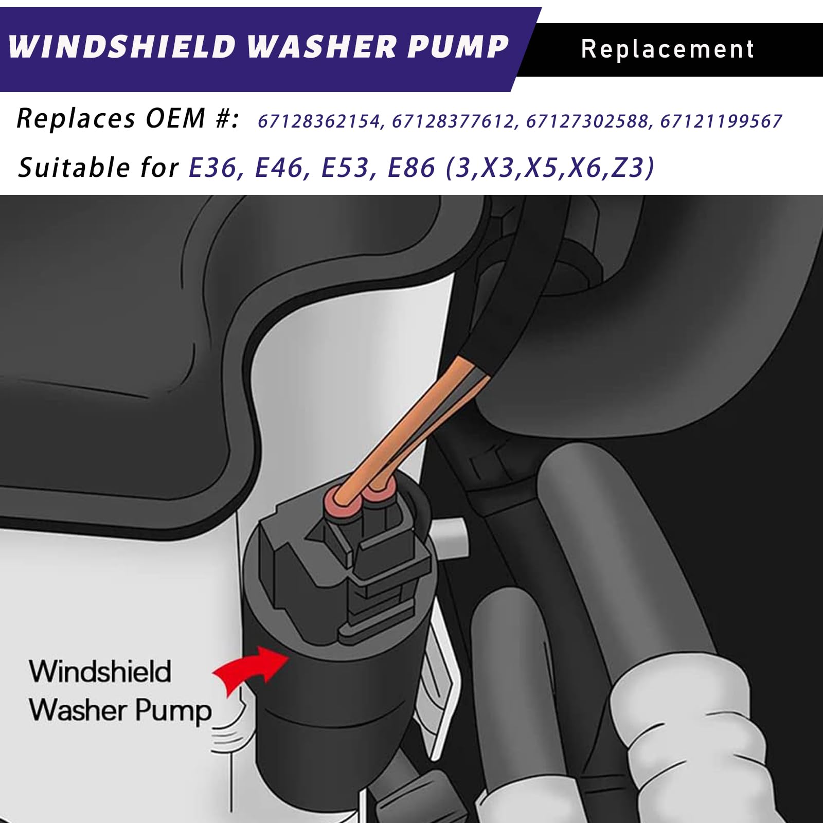 Suvnie Windshield Washer Pump with Grommet, Front Windshield Washer Fluid Pump Replace OEM 67128362154 67128377612, Car Accessor
