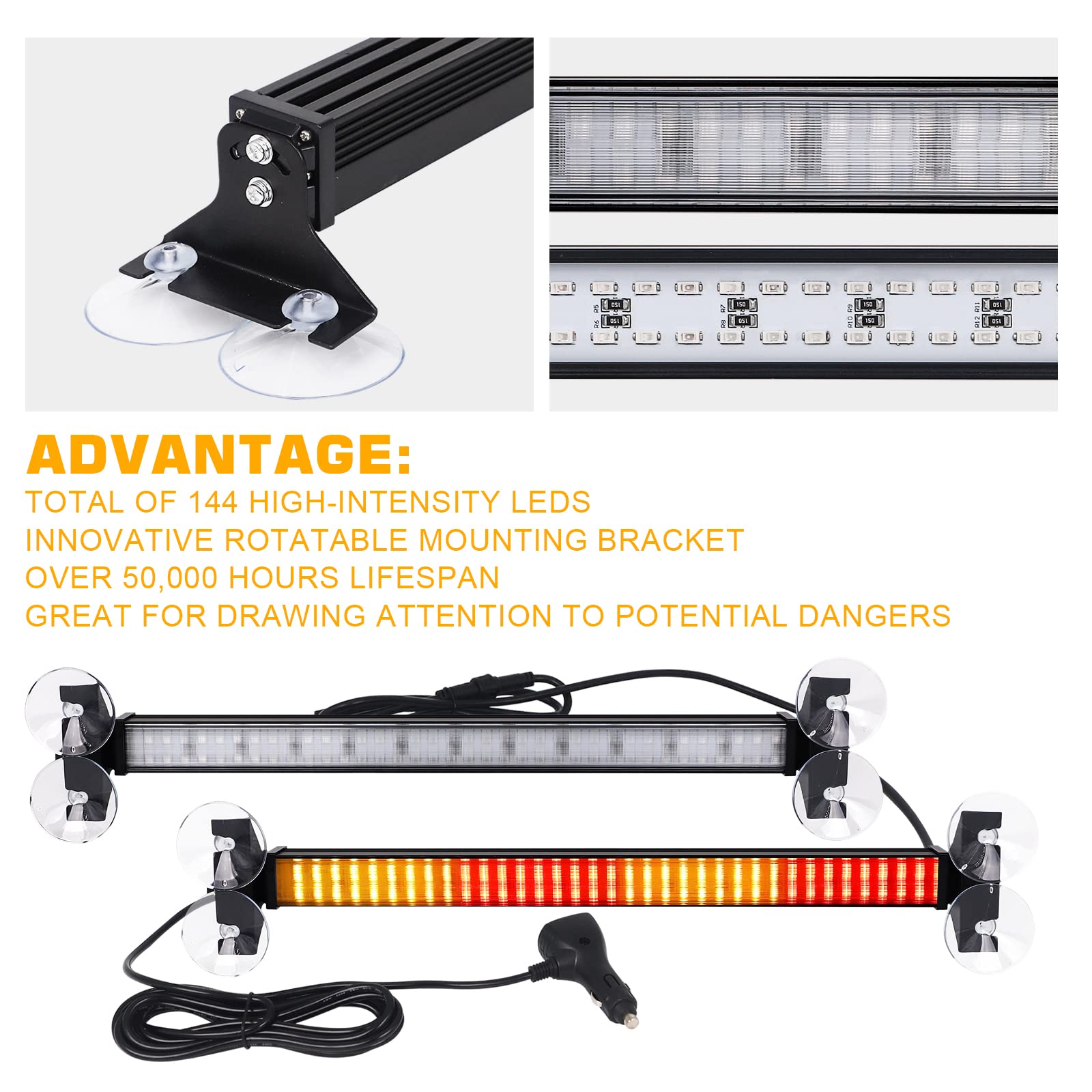 Xridonsen 2 In 1 Amber Red Emergency Strobe Traffic Advisor Light Bar 144 Led Warning Safety Interior Dash Windshield Lights Dec