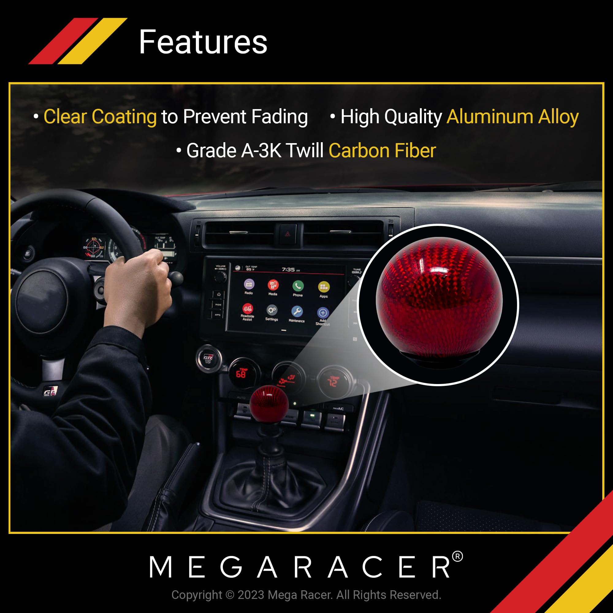 Mega Racer Ball Red Carbon Fiber Shift Knob | Buttonless Automatic Manual Stick Shift Knobs | Gear Shift Knob Manual Shifter Kno